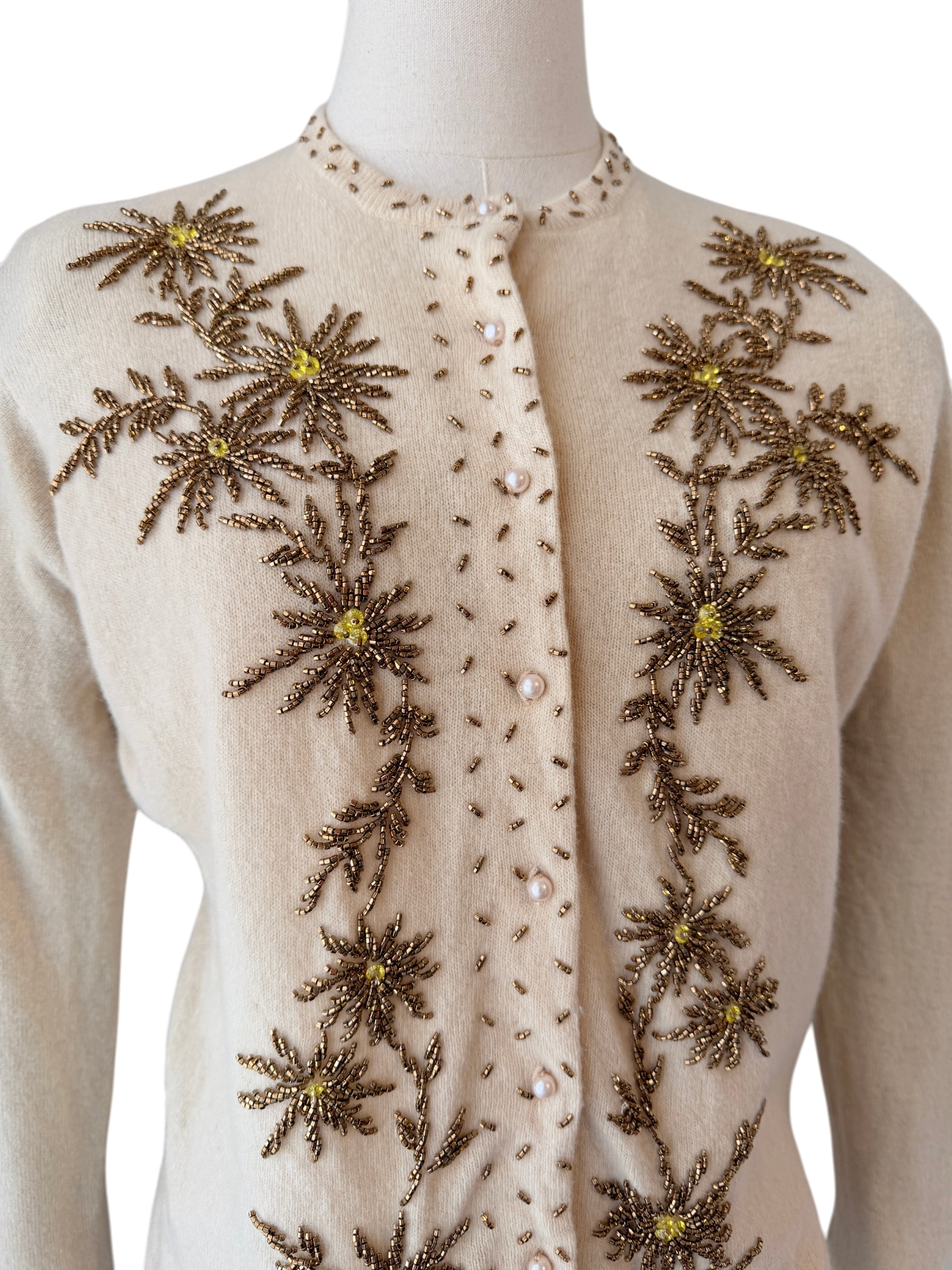 1950s Floral Beaded Wool Button-Front Cardigan