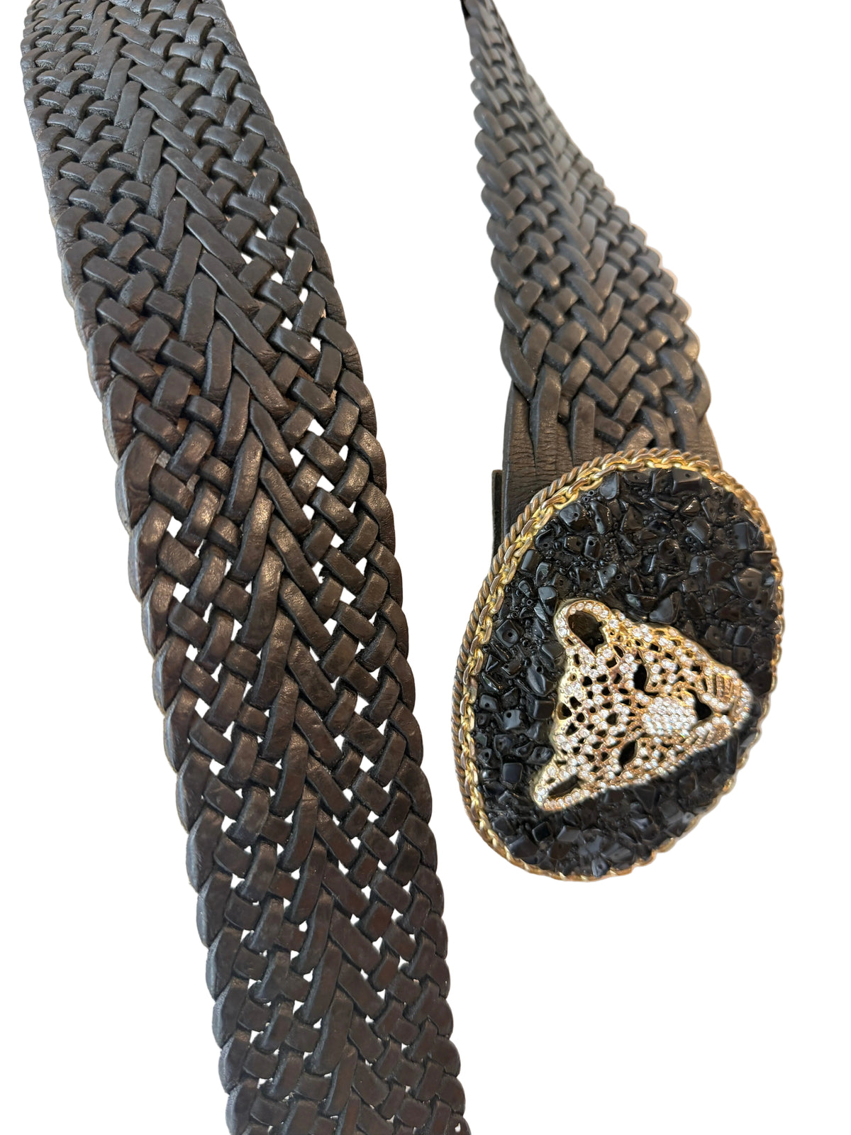 1990s Lauren Hampton Black Woven Leather Belt with Cheetah Buckle