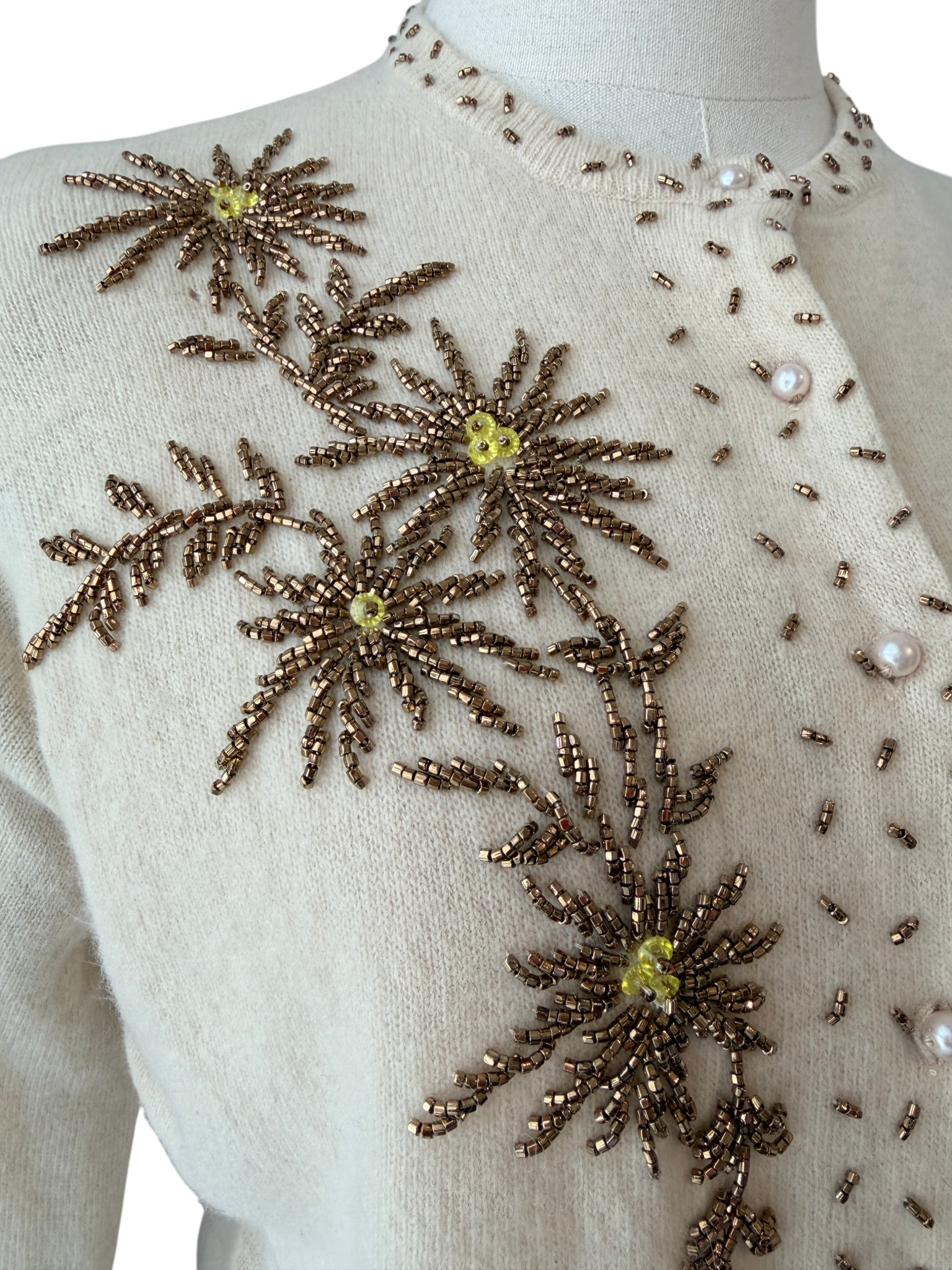 1950s Floral Beaded Wool Button-Front Cardigan