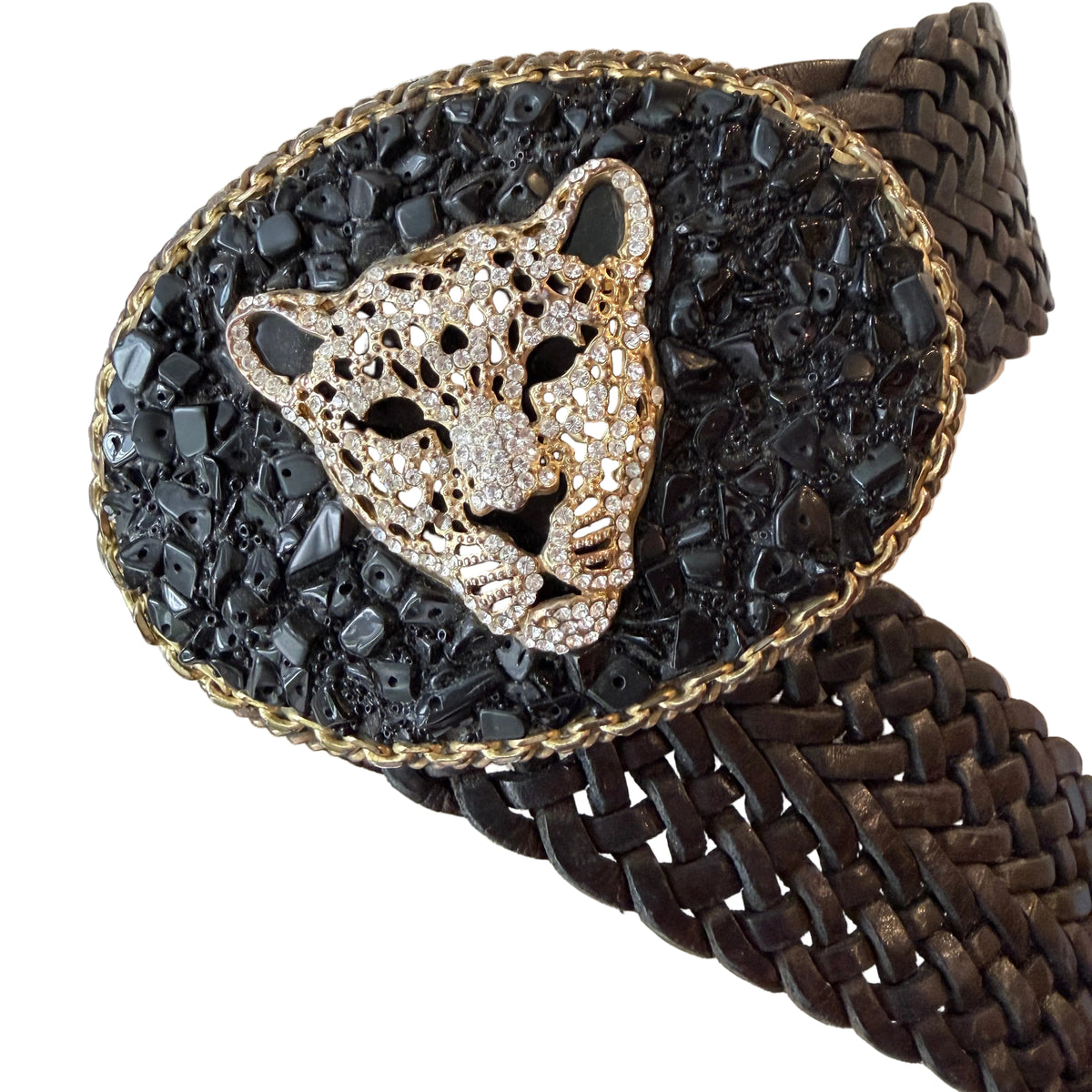 1990s Lauren Hampton Black Woven Leather Belt with Cheetah Buckle
