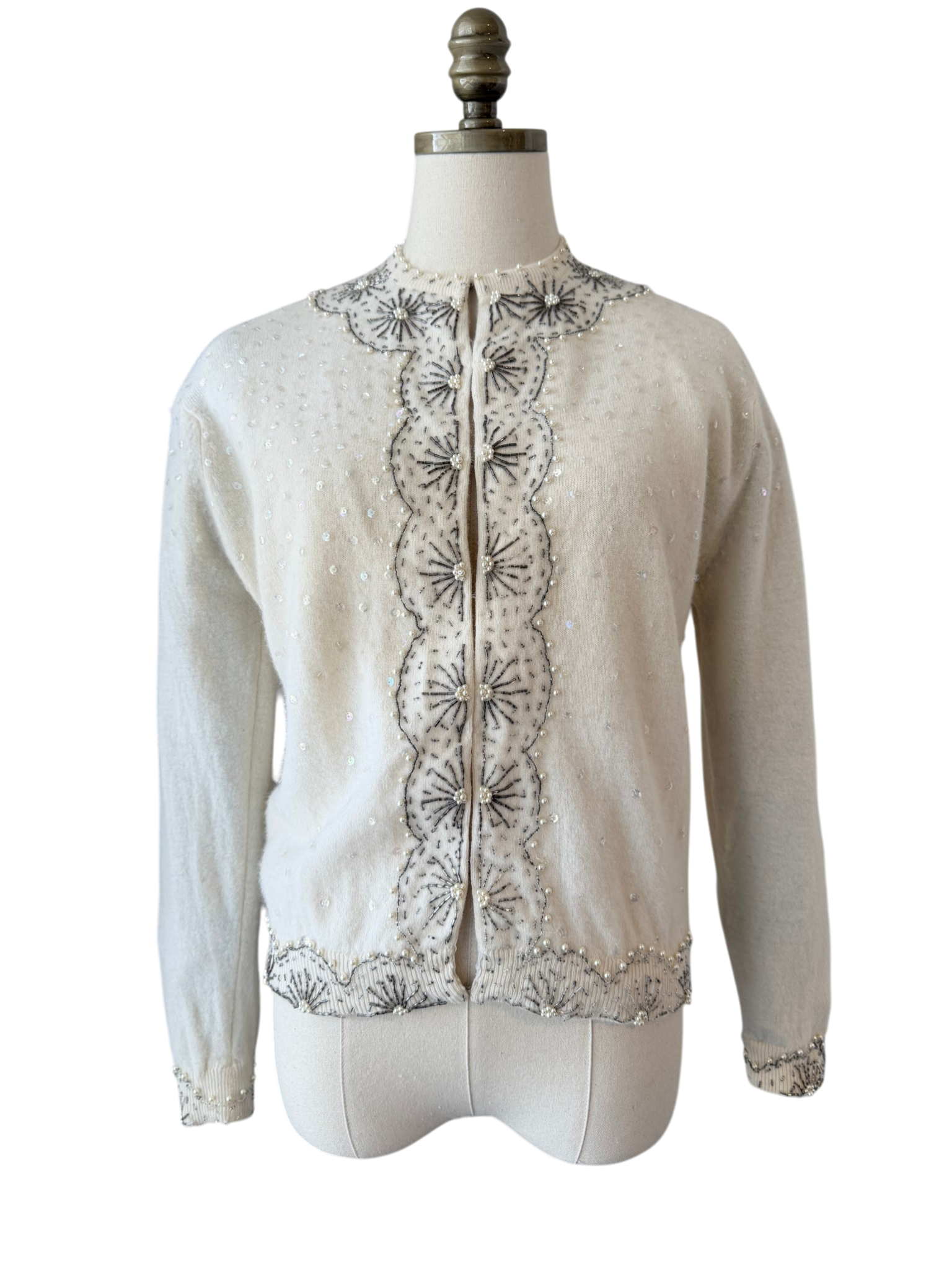 1950s Cyn Les Ivory Button-Front Cardigan with Silver Starburst Beading