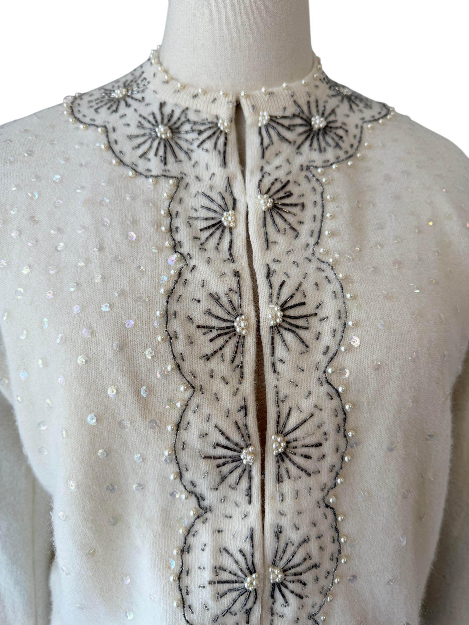 1950s Cyn Les Ivory Button-Front Cardigan with Silver Starburst Beading