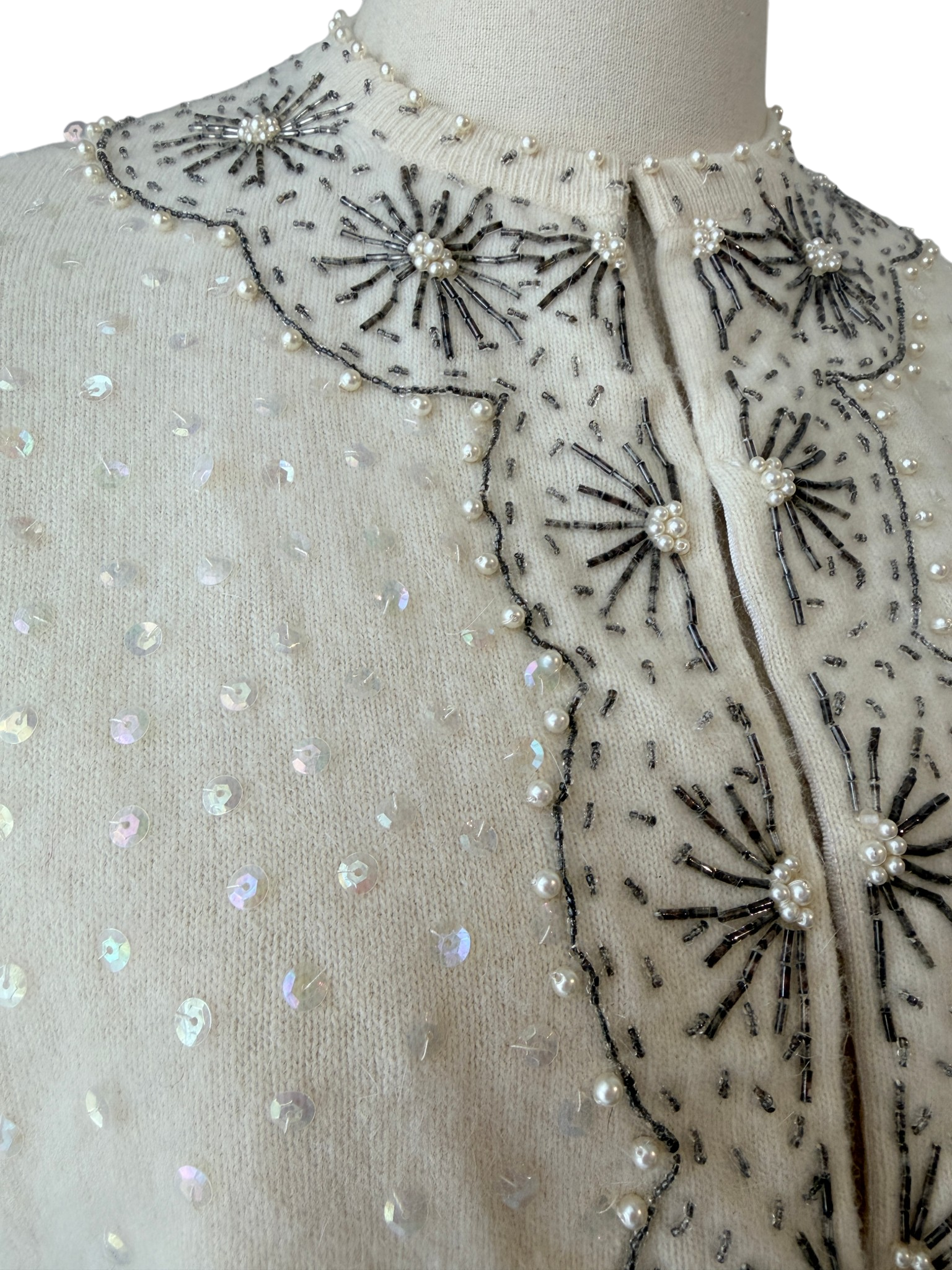 1950s Cyn Les Ivory Button-Front Cardigan with Silver Starburst Beading