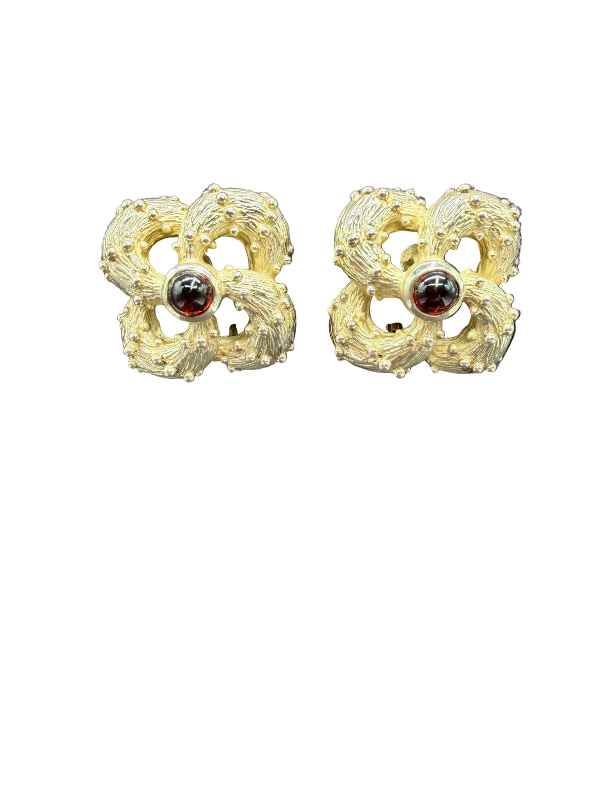 1970s 14K Gold-Filled Textured Infinity Knot Clip Earrings with Red Tourmaline