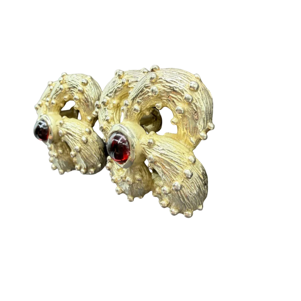 1970s 14K Gold-Filled Textured Infinity Knot Clip Earrings with Red Tourmaline