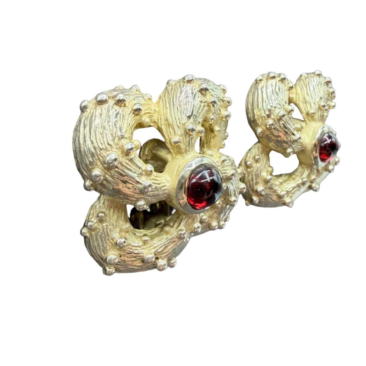 1970s 14K Gold-Filled Textured Infinity Knot Clip Earrings with Red Tourmaline