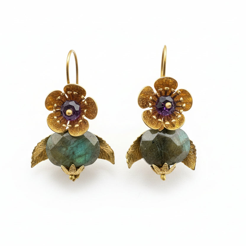 Brass Floral Earrings with Amethyst Center & Labradorite Drops
