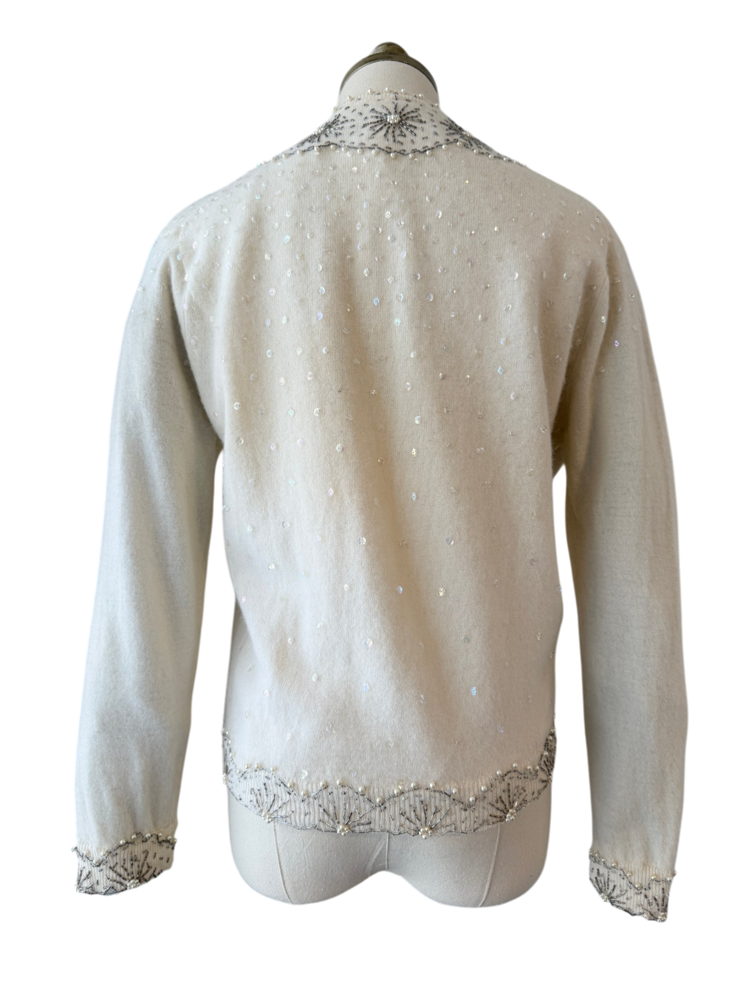 1950s Cyn Les Ivory Button-Front Cardigan with Silver Starburst Beading