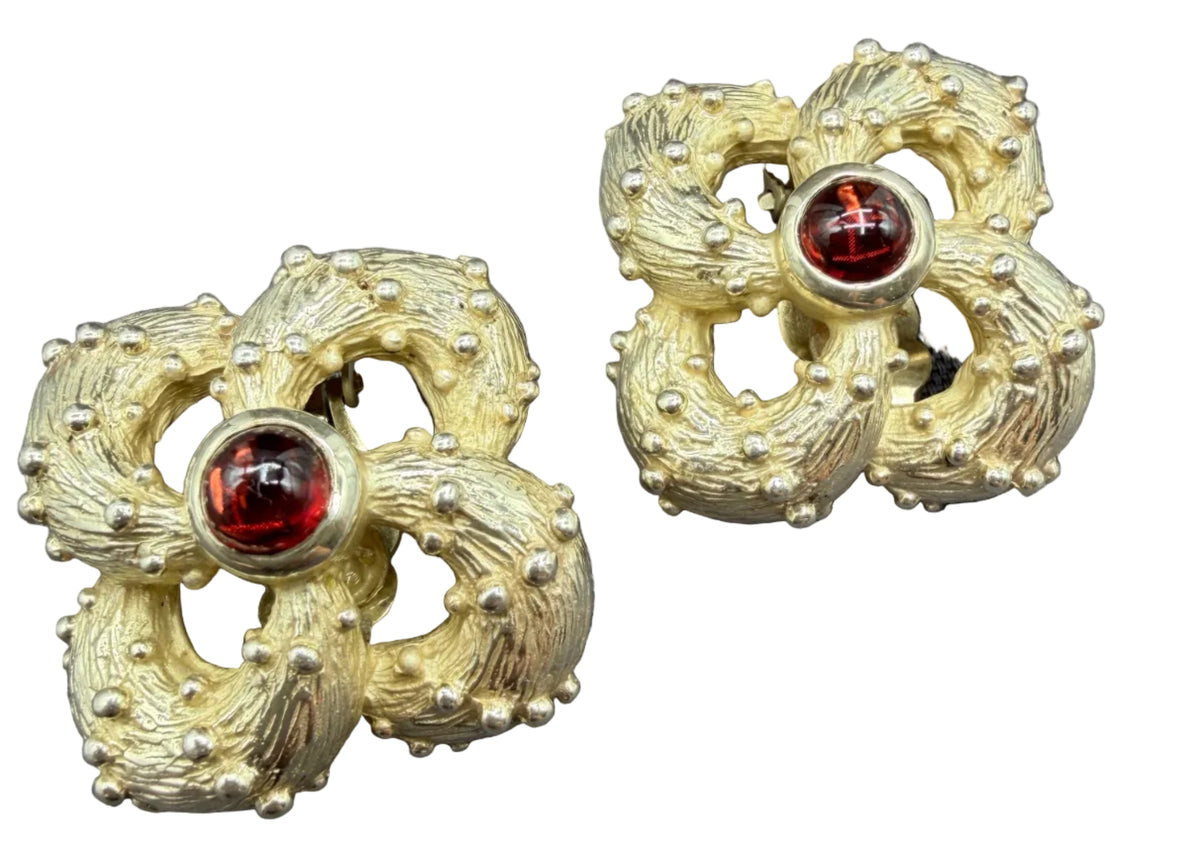 1970s 14K Gold-Filled Textured Infinity Knot Clip Earrings with Red Tourmaline