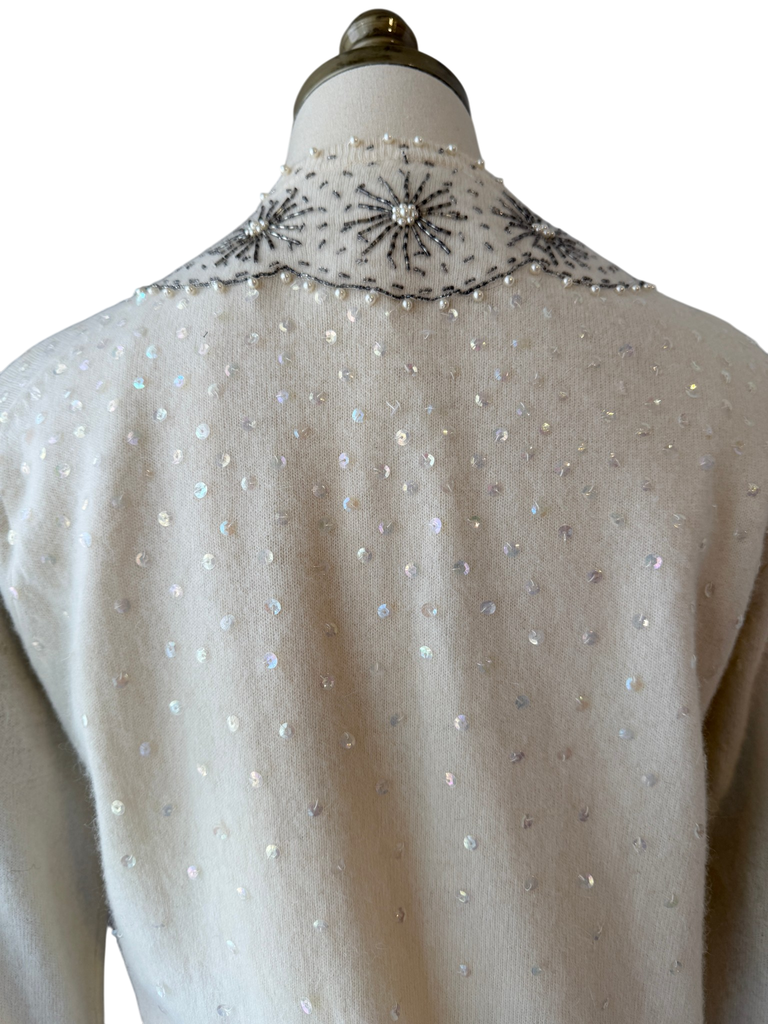 1950s Cyn Les Ivory Button-Front Cardigan with Silver Starburst Beading