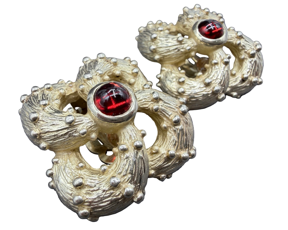 1970s 14K Gold-Filled Textured Infinity Knot Clip Earrings with Red Tourmaline