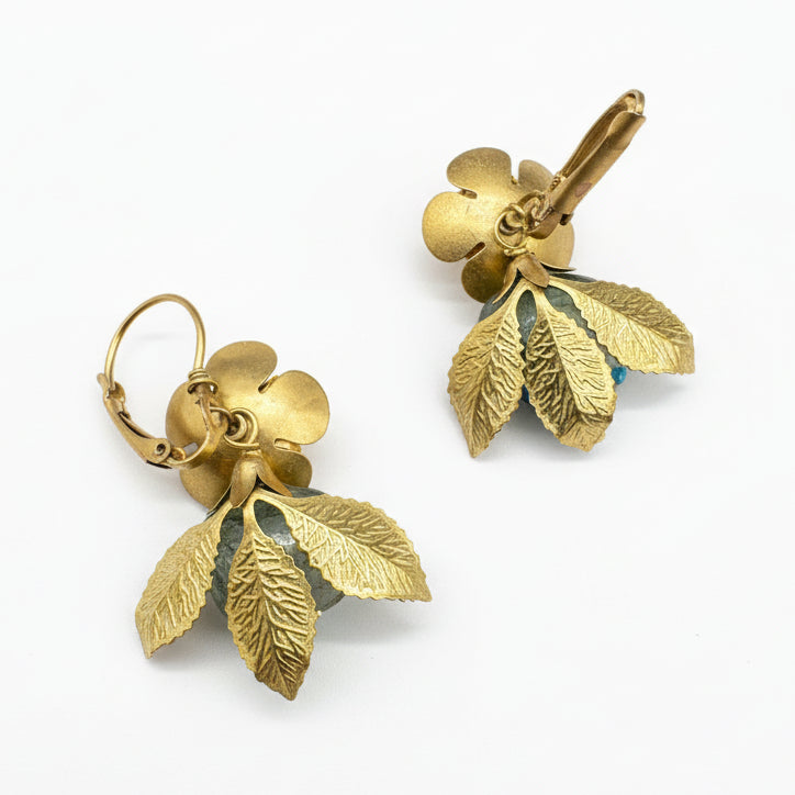 Brass Floral Earrings with Amethyst Center & Labradorite Drops