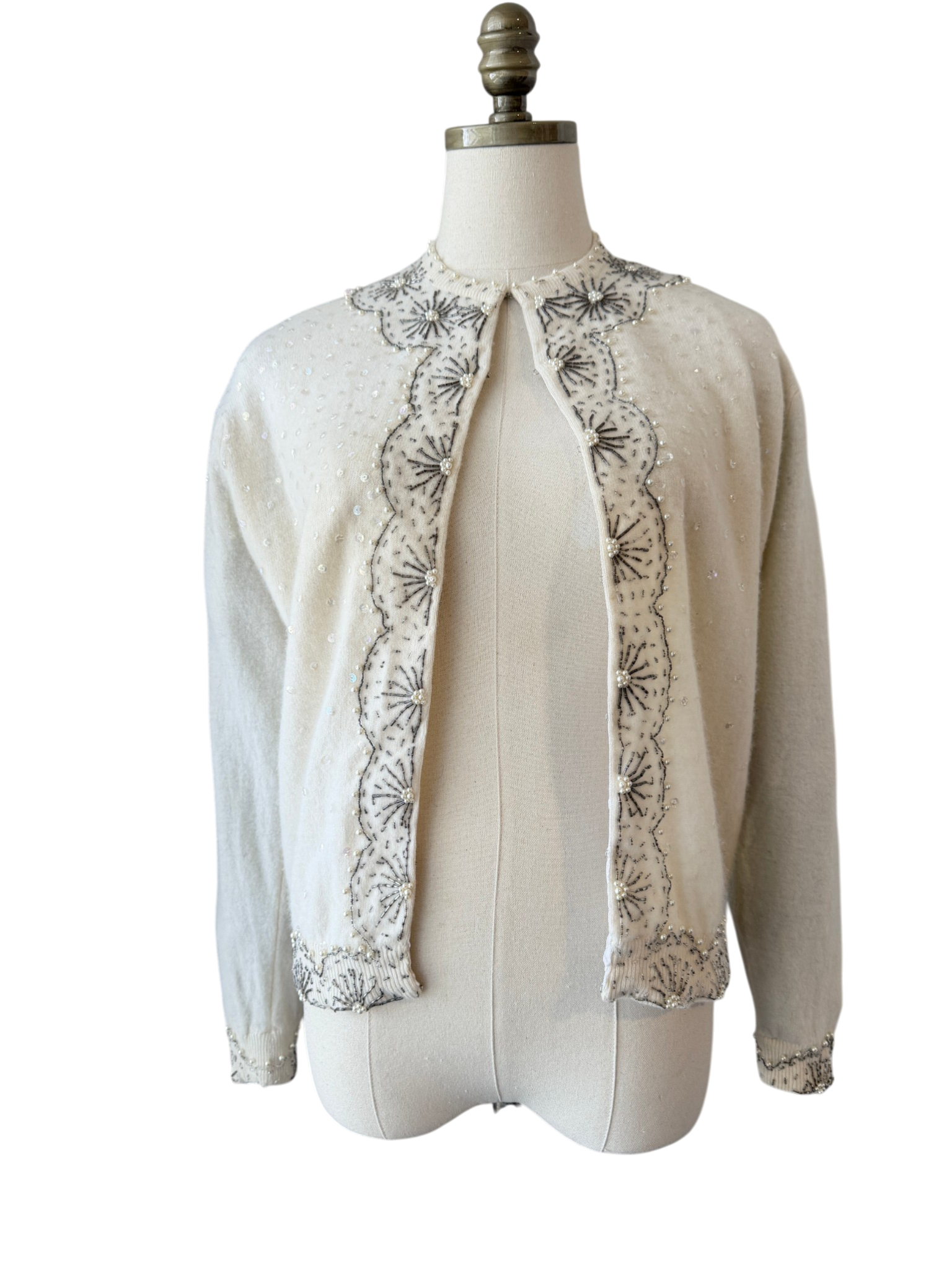 1950s Cyn Les Ivory Button-Front Cardigan with Silver Starburst Beading