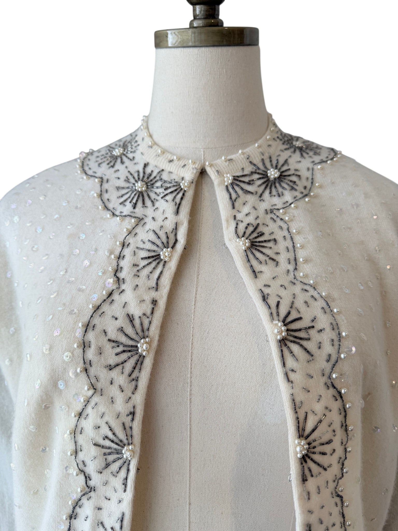 1950s Cyn Les Ivory Button-Front Cardigan with Silver Starburst Beading