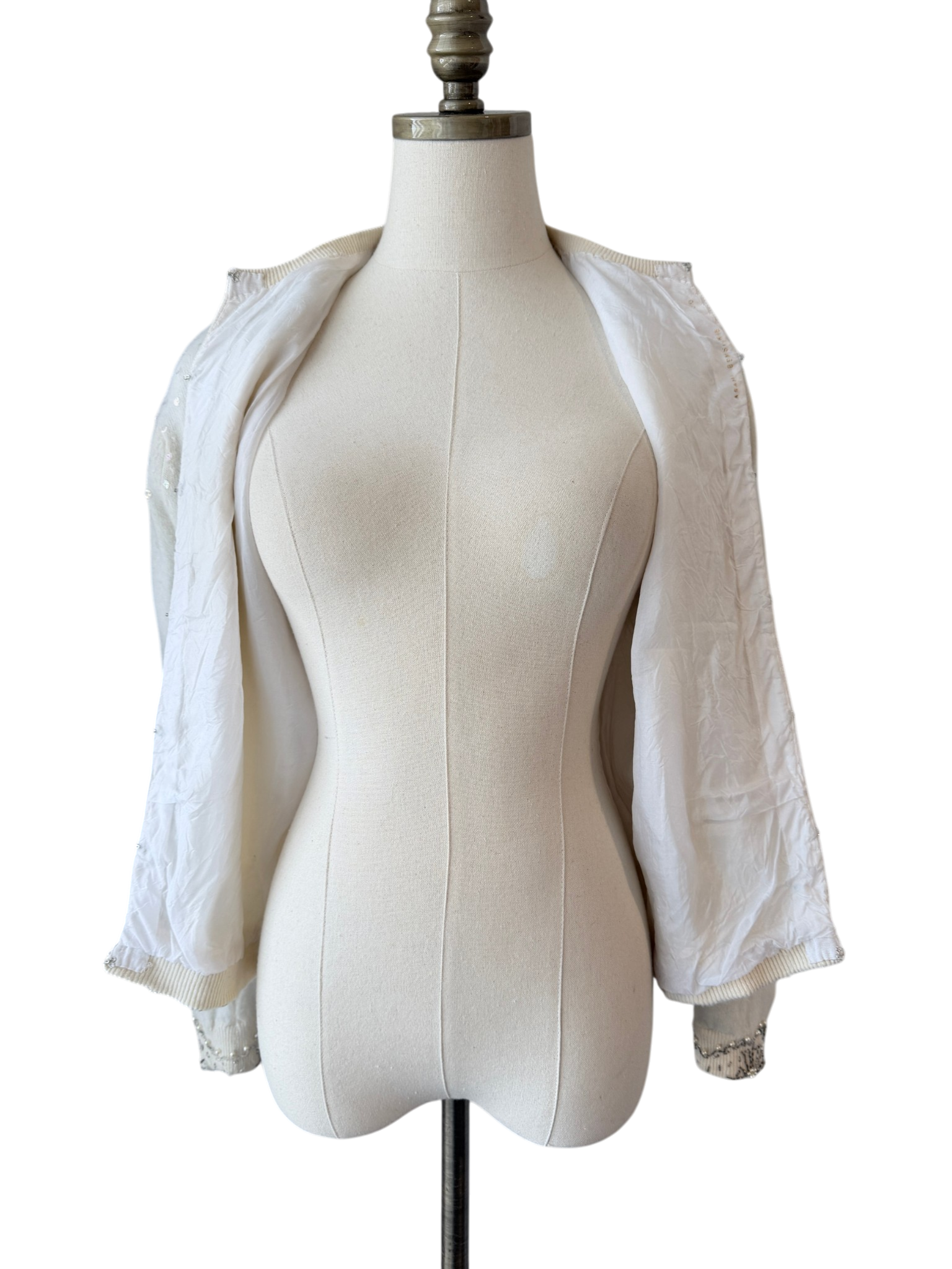 1950s Cyn Les Ivory Button-Front Cardigan with Silver Starburst Beading