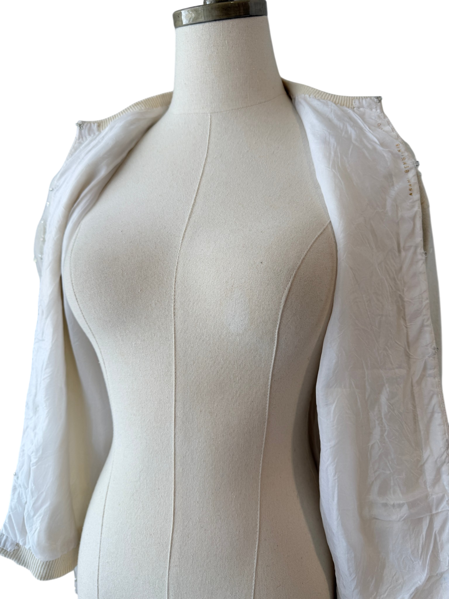 1950s Cyn Les Ivory Button-Front Cardigan with Silver Starburst Beading