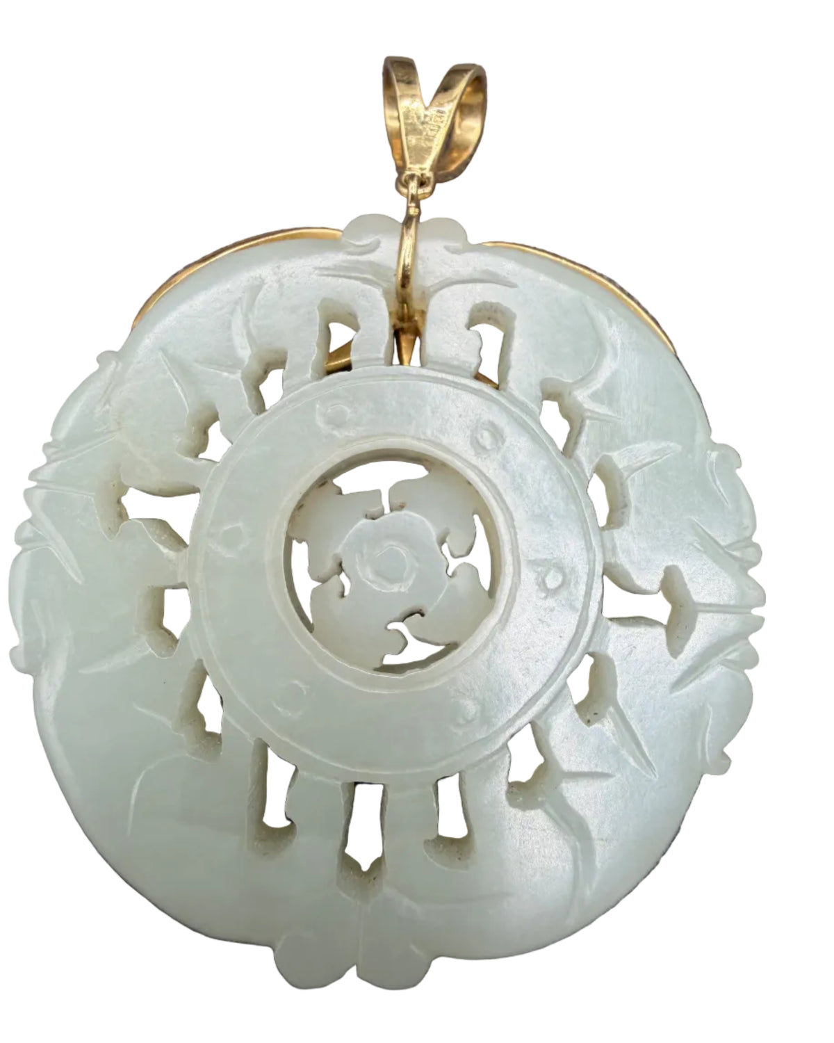 Chinese Carved Nephrite Jade Bagua Pendant in 18K Yellow Gold with Floating Center