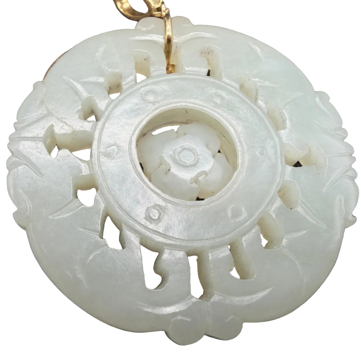 Chinese Carved Nephrite Jade Bagua Pendant in 18K Yellow Gold with Floating Center