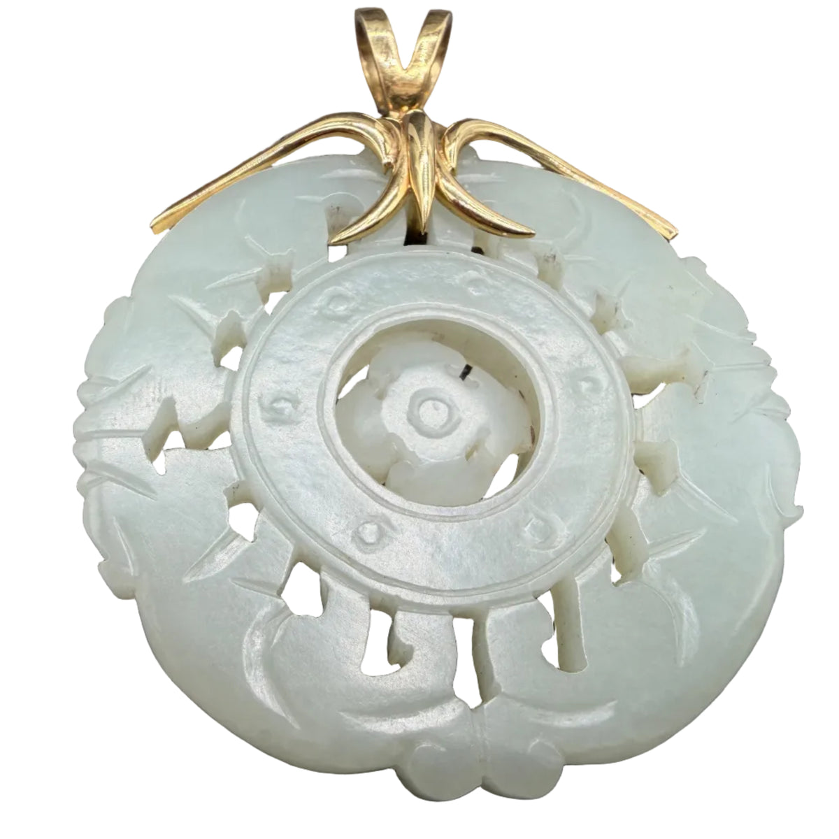 Chinese Carved Nephrite Jade Bagua Pendant in 18K Yellow Gold with Floating Center