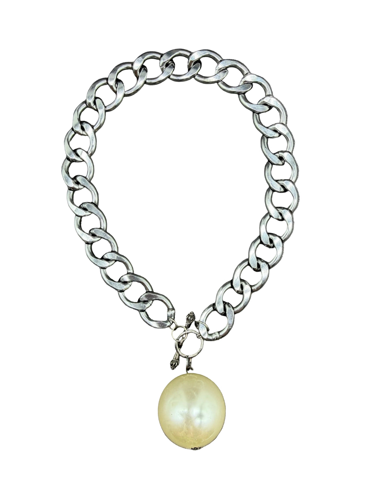 1990s Gunmetal Chunky Chain Necklace with Oversized Faux Pearl Pendant