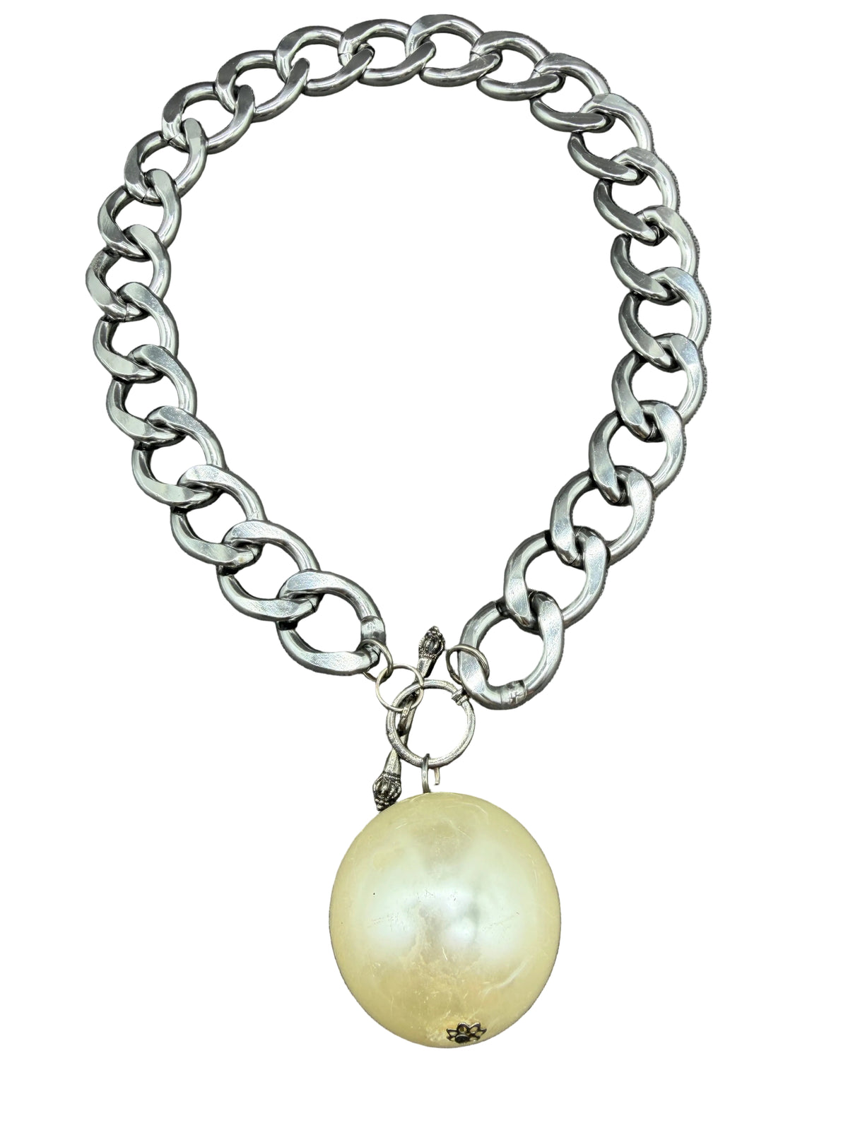 1990s Gunmetal Chunky Chain Necklace with Oversized Faux Pearl Pendant