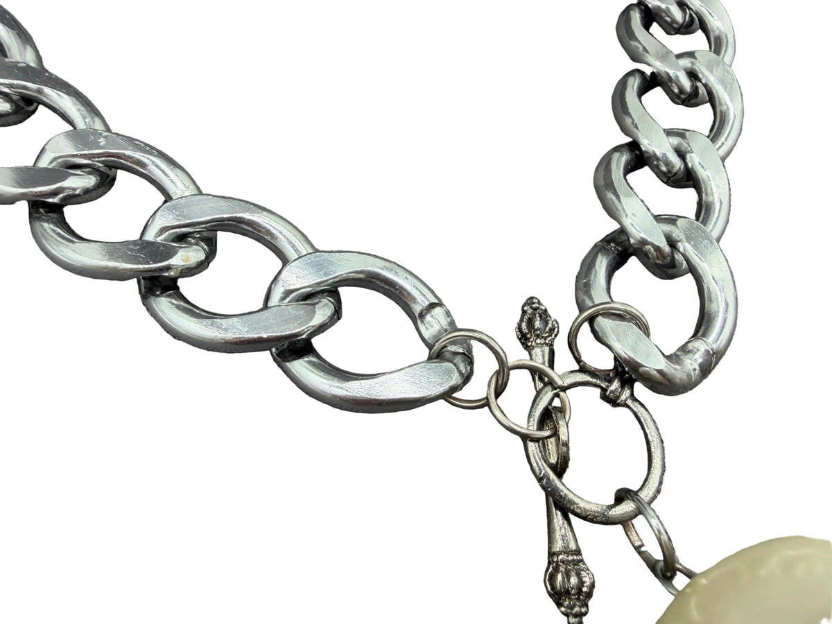 1990s Gunmetal Chunky Chain Necklace with Oversized Faux Pearl Pendant