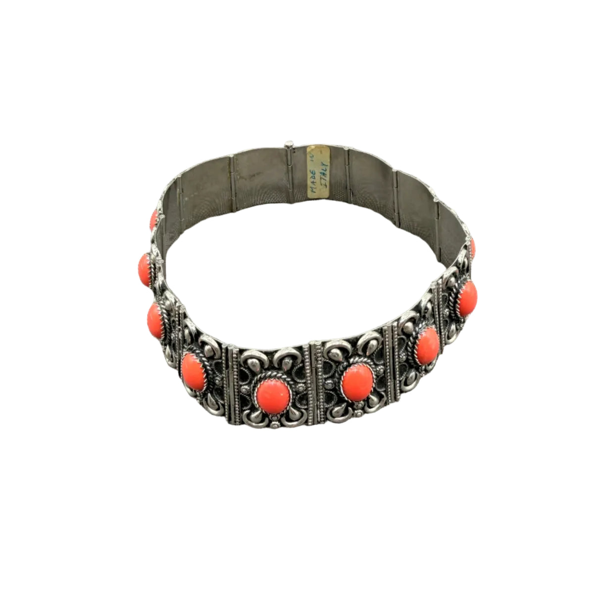 1950s Etruscan Revival Silver-tone Panel Choker with Coral Cabochons