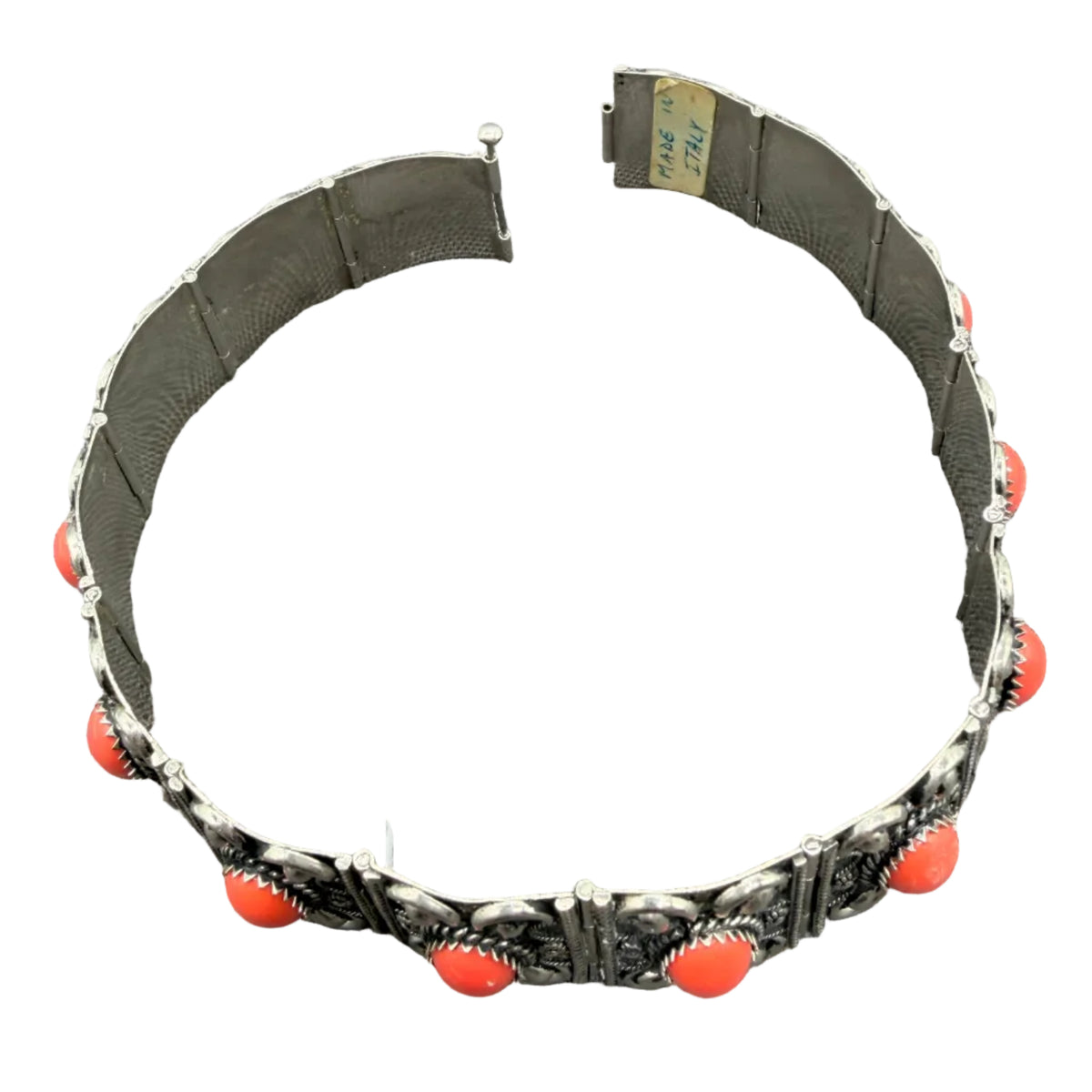 1950s Etruscan Revival Silver-tone Panel Choker with Coral Cabochons