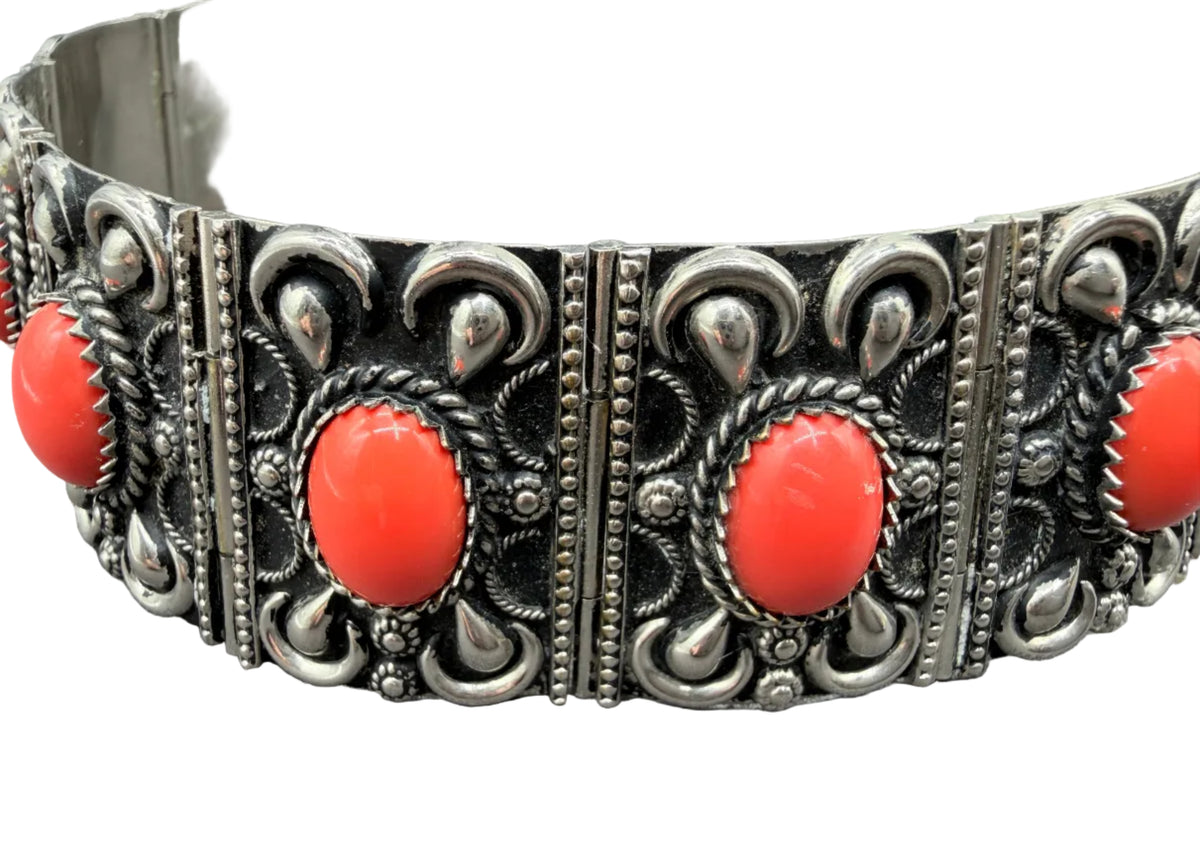 1950s Etruscan Revival Silver-tone Panel Choker with Coral Cabochons
