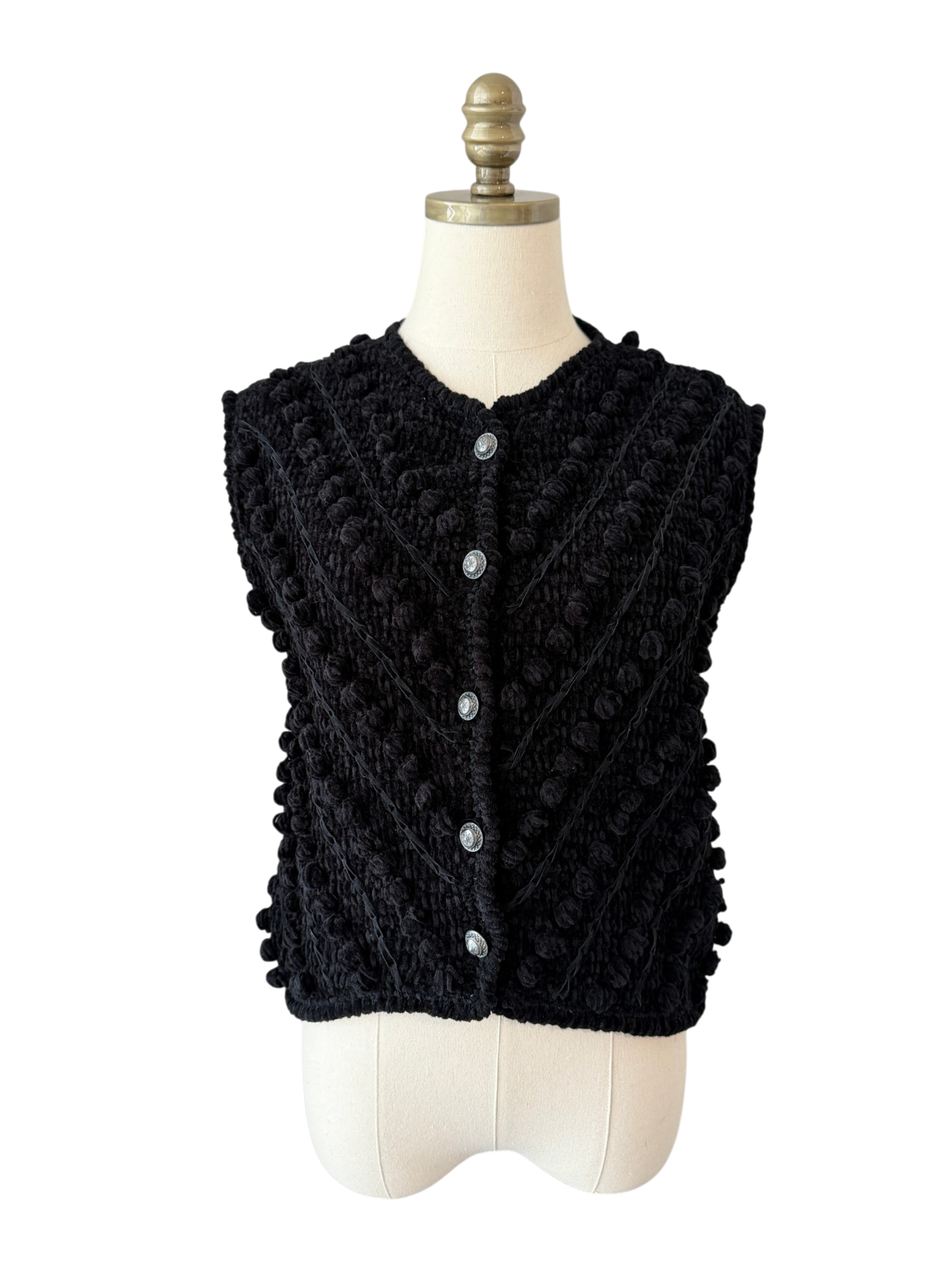 1970s Loden-Frey Black Chenille Knit Vest with Suede Woven Detail