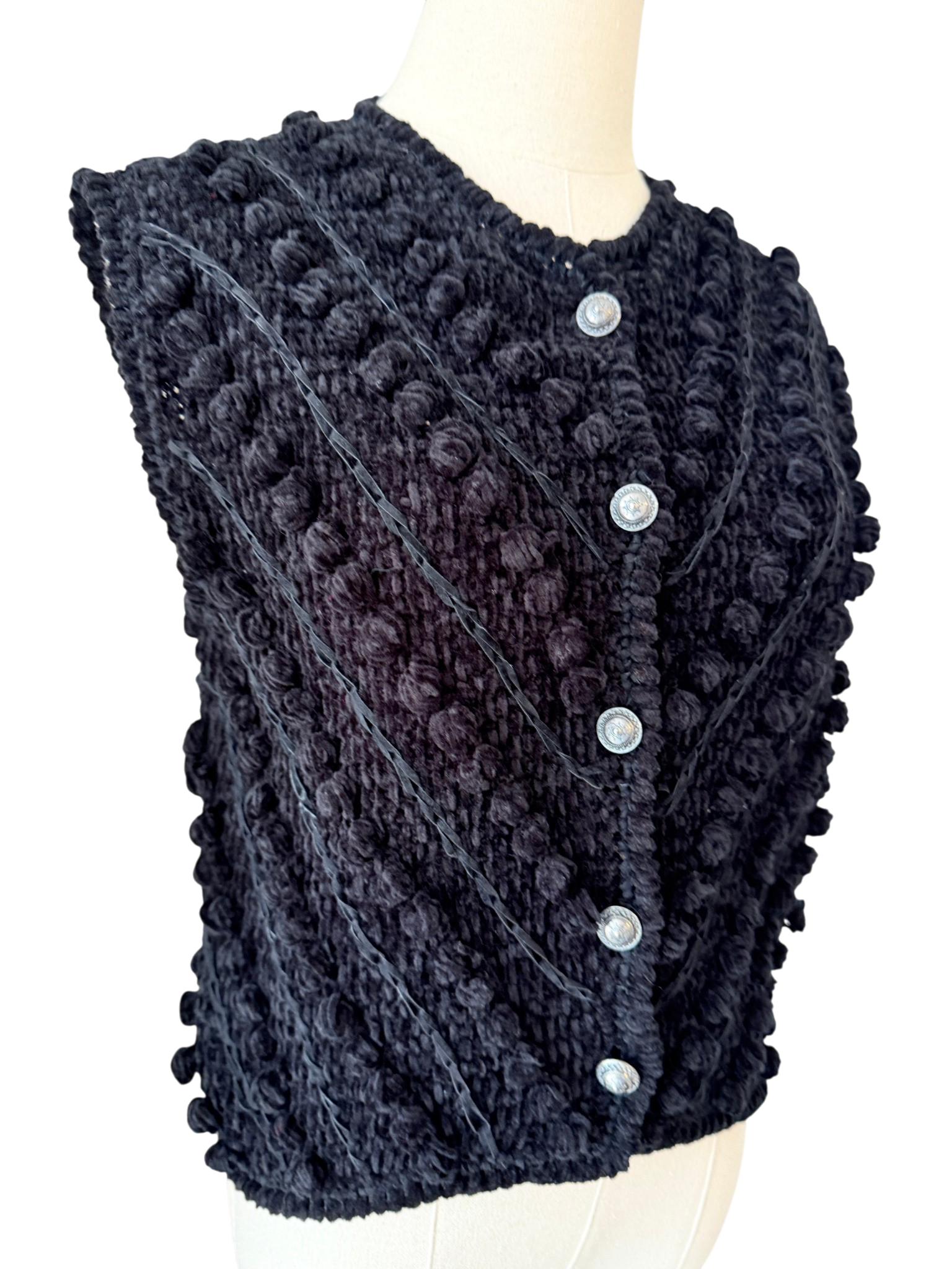 1970s Loden-Frey Black Chenille Knit Vest with Suede Woven Detail