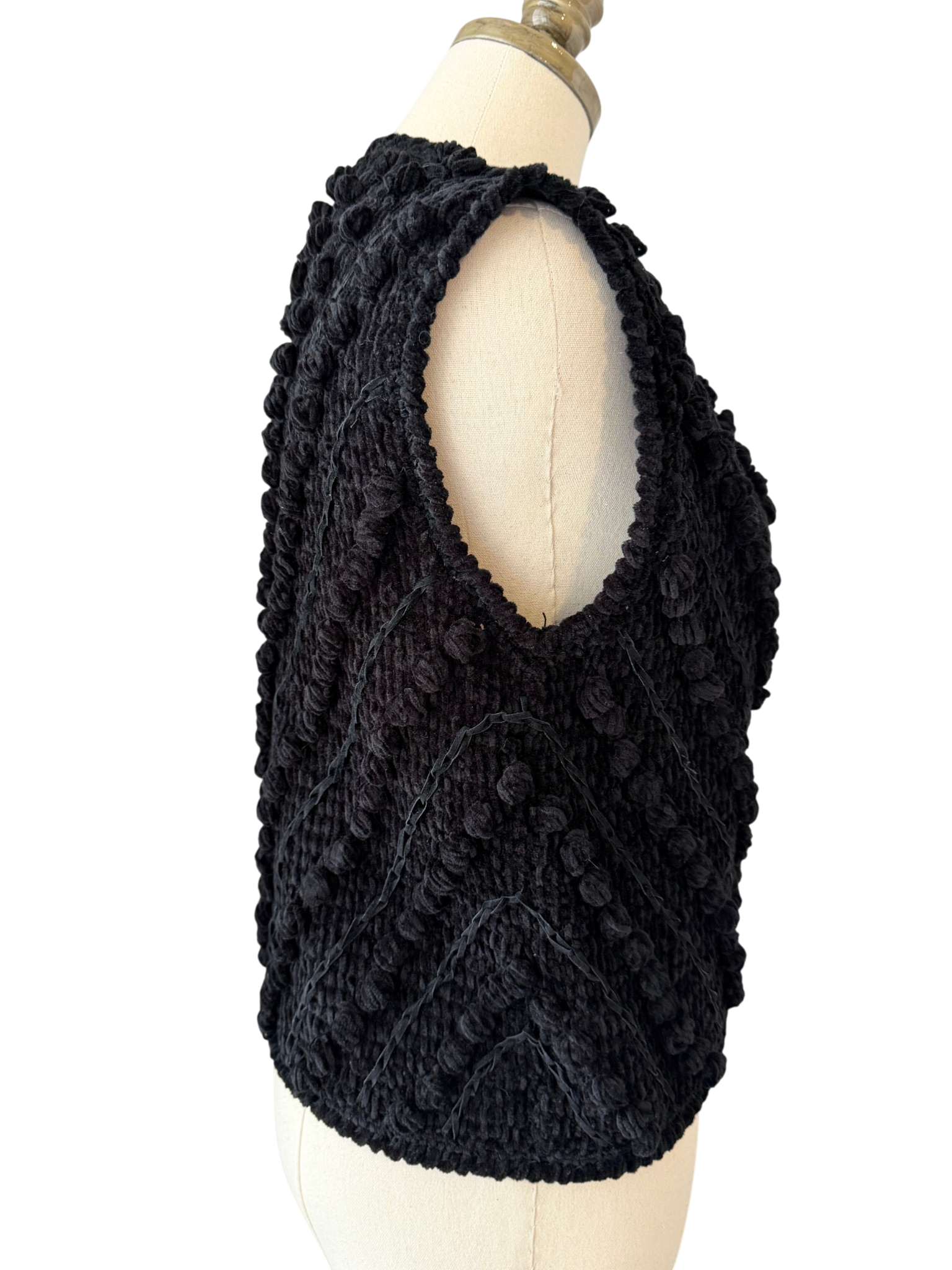 1970s Loden-Frey Black Chenille Knit Vest with Suede Woven Detail