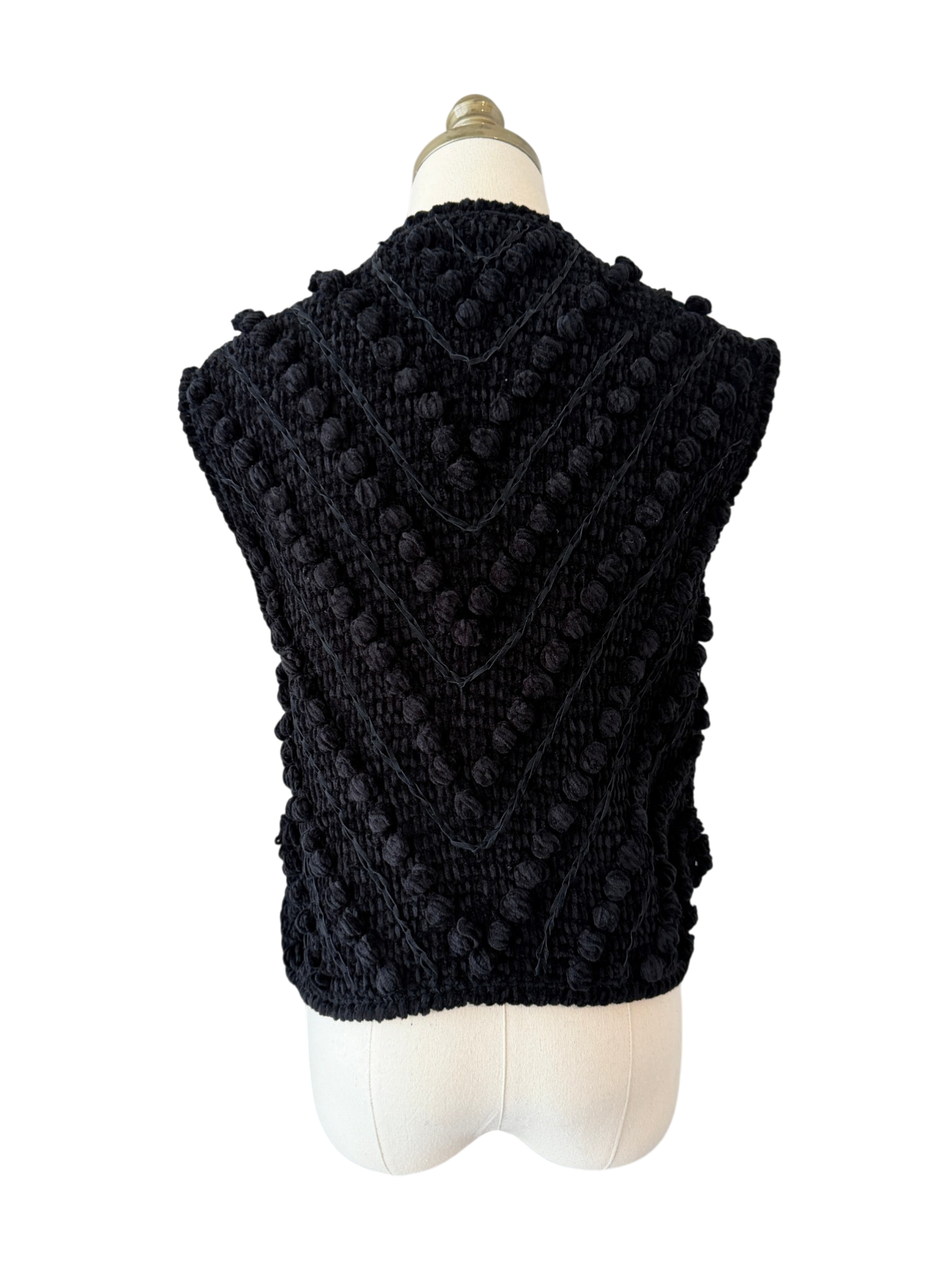 1970s Loden-Frey Black Chenille Knit Vest with Suede Woven Detail