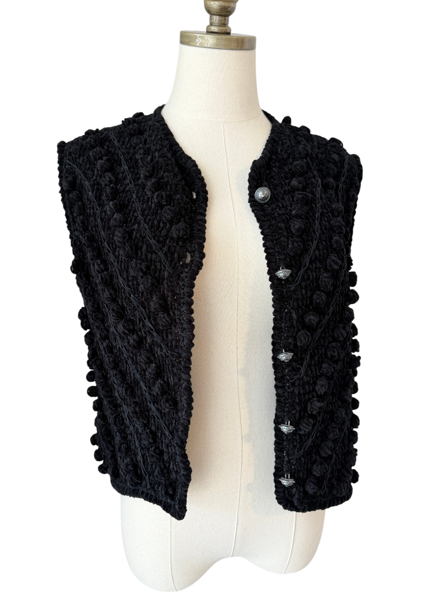1970s Loden-Frey Black Chenille Knit Vest with Suede Woven Detail