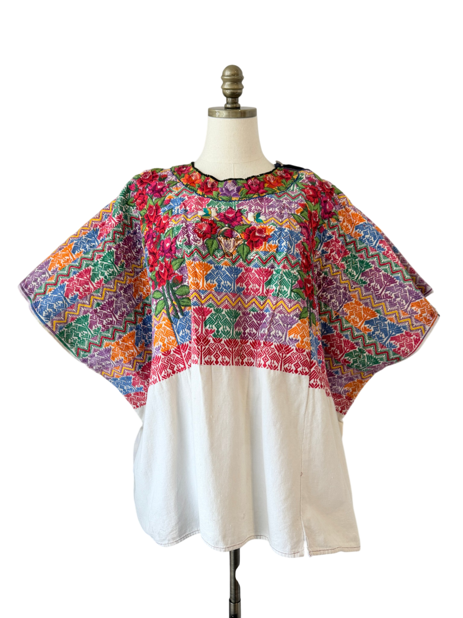 1960s Handmade Oaxacan Huipil Poncho with Floral Embroidery
