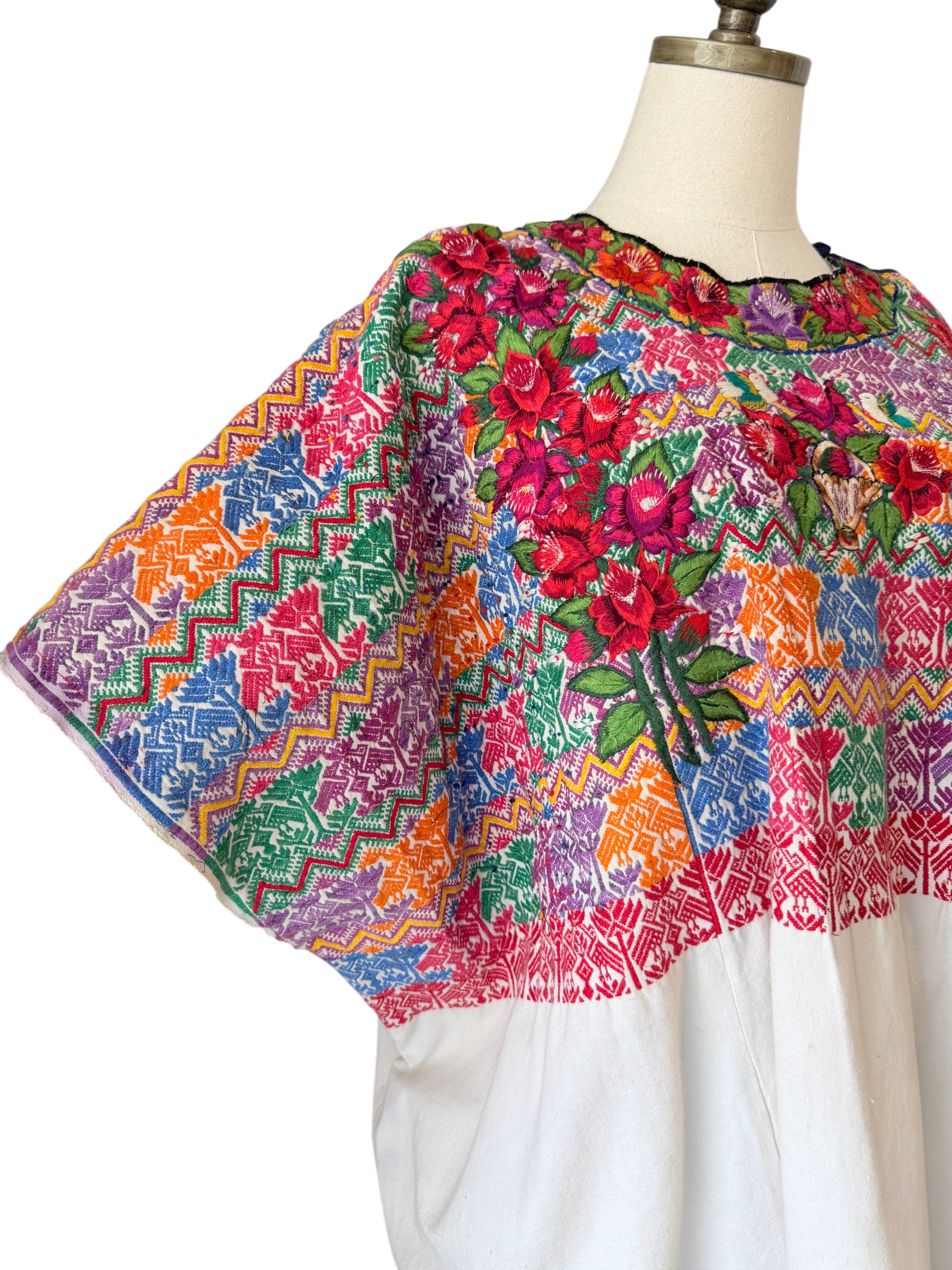 1960s Handmade Oaxacan Huipil Poncho with Floral Embroidery