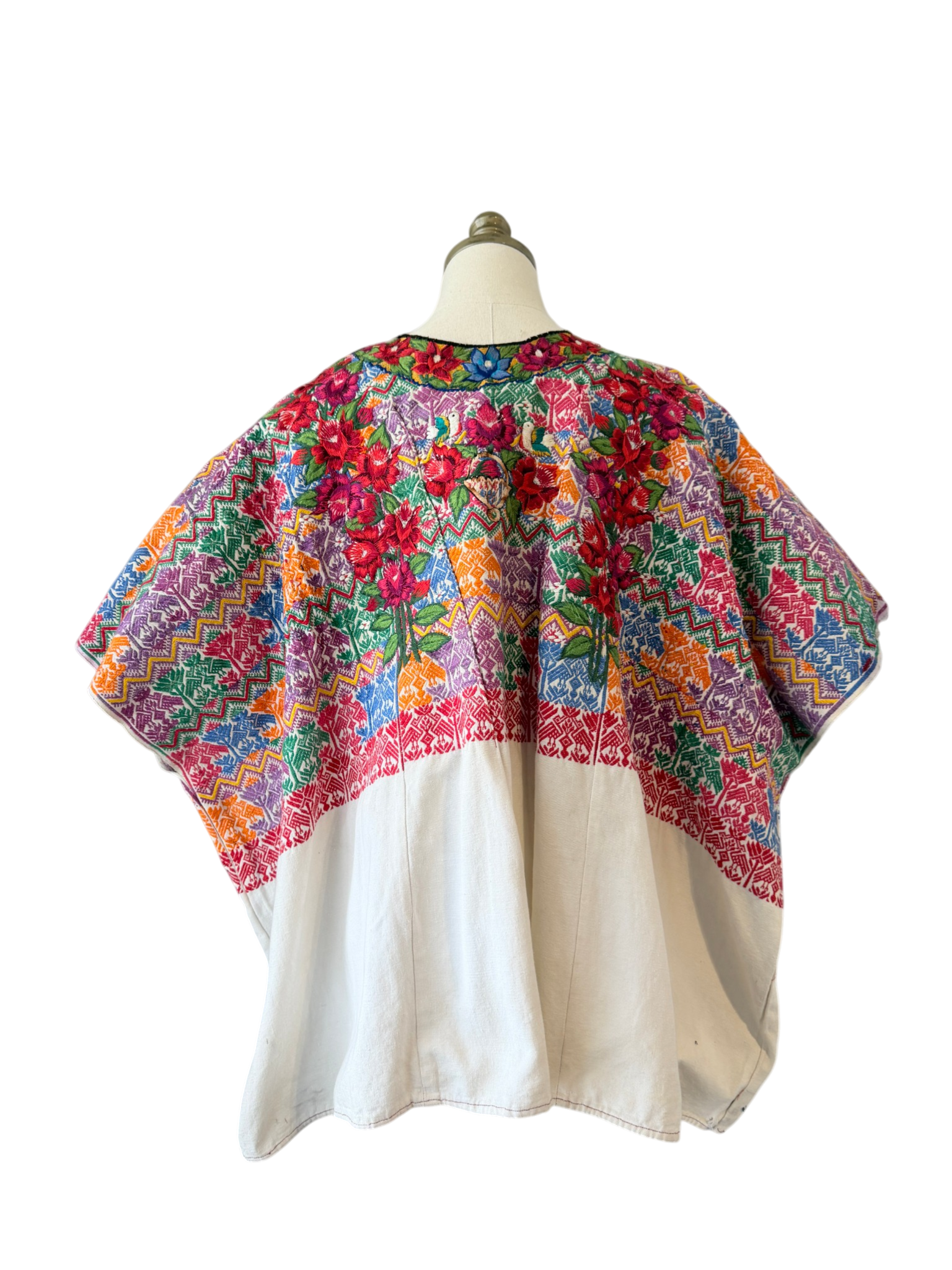 1960s Handmade Oaxacan Huipil Poncho with Floral Embroidery