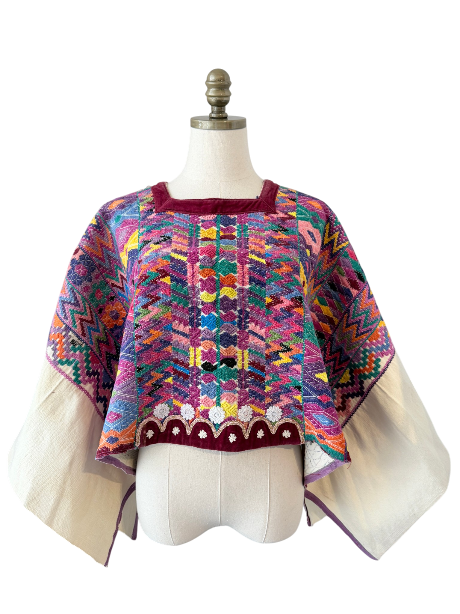 1960s Authentic Mayan Huipil Handwoven Poncho with Velvet Trim