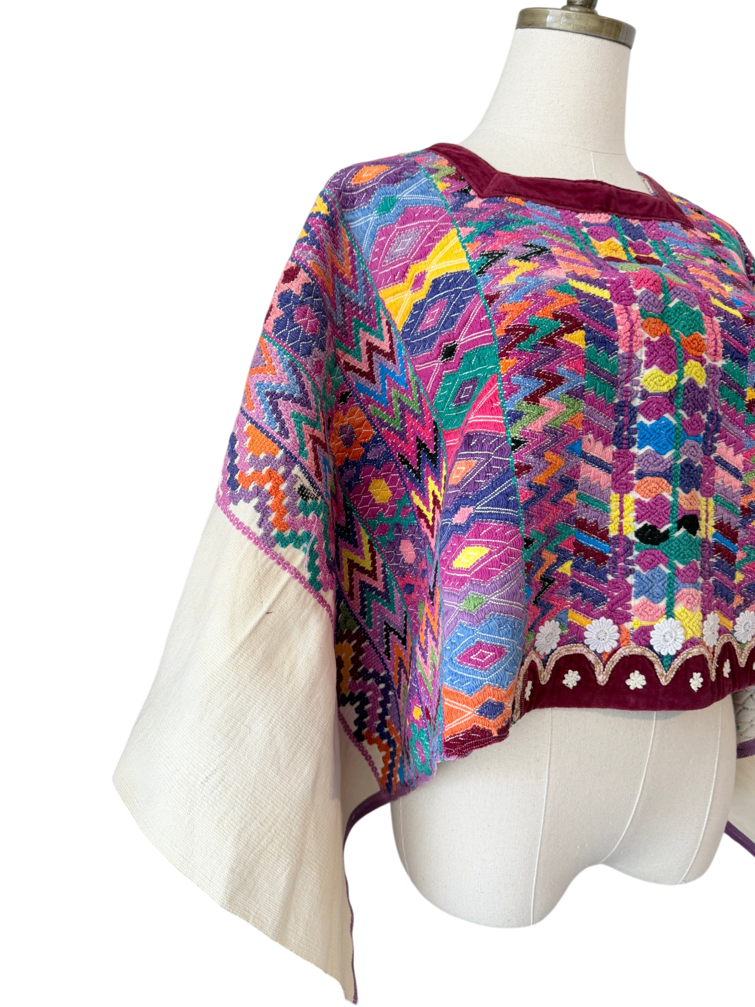 1960s Authentic Mayan Huipil Handwoven Poncho with Velvet Trim