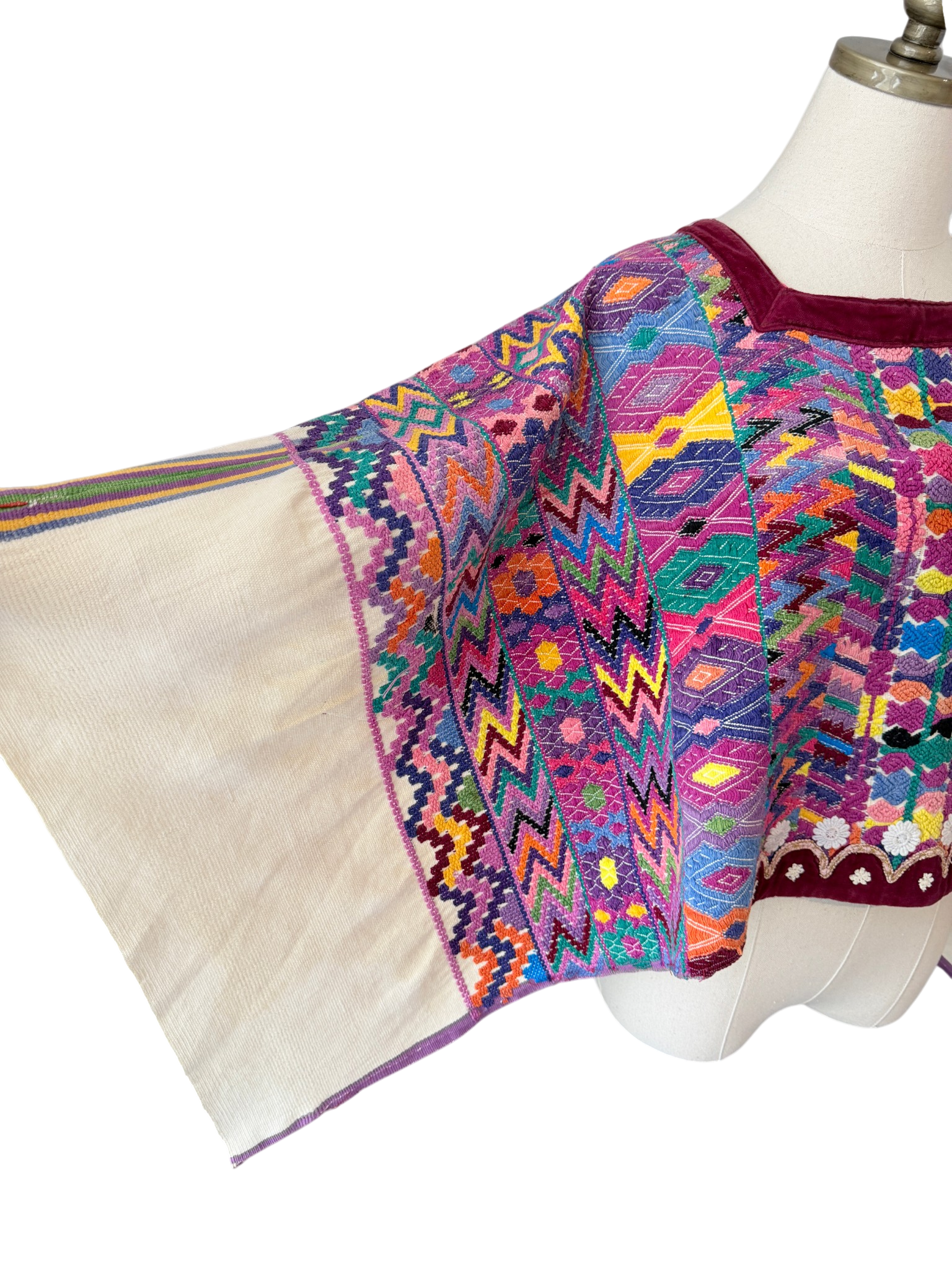 1960s Authentic Mayan Huipil Handwoven Poncho with Velvet Trim