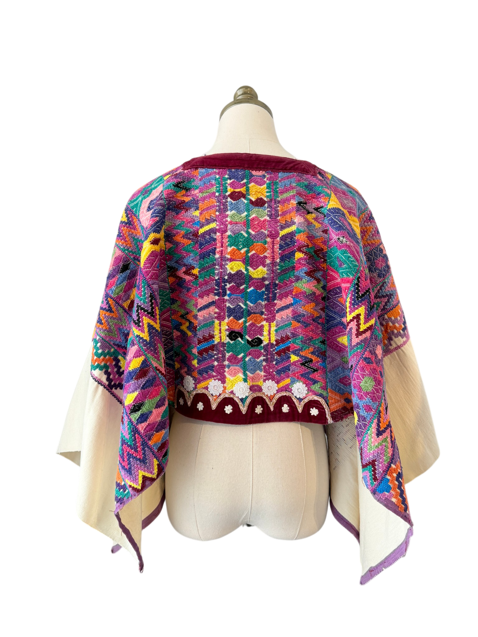 1960s Authentic Mayan Huipil Handwoven Poncho with Velvet Trim