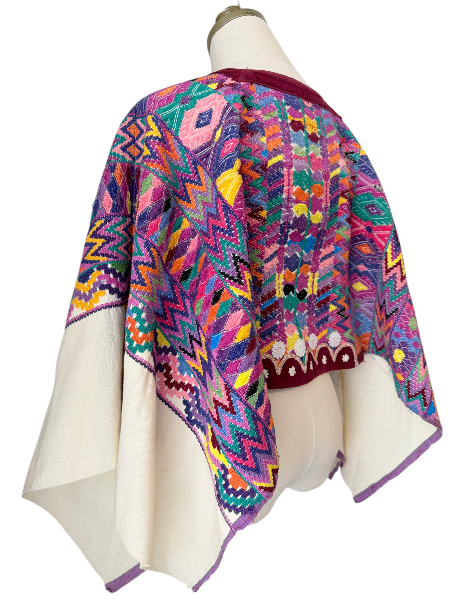 1960s Authentic Mayan Huipil Handwoven Poncho with Velvet Trim