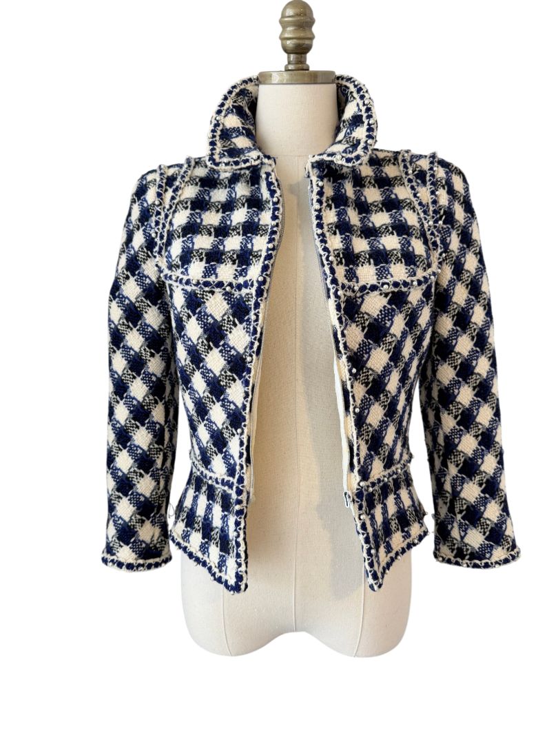 2006 Chanel Navy & White Gingham Cropped Wool Blazer with Pearl Trim