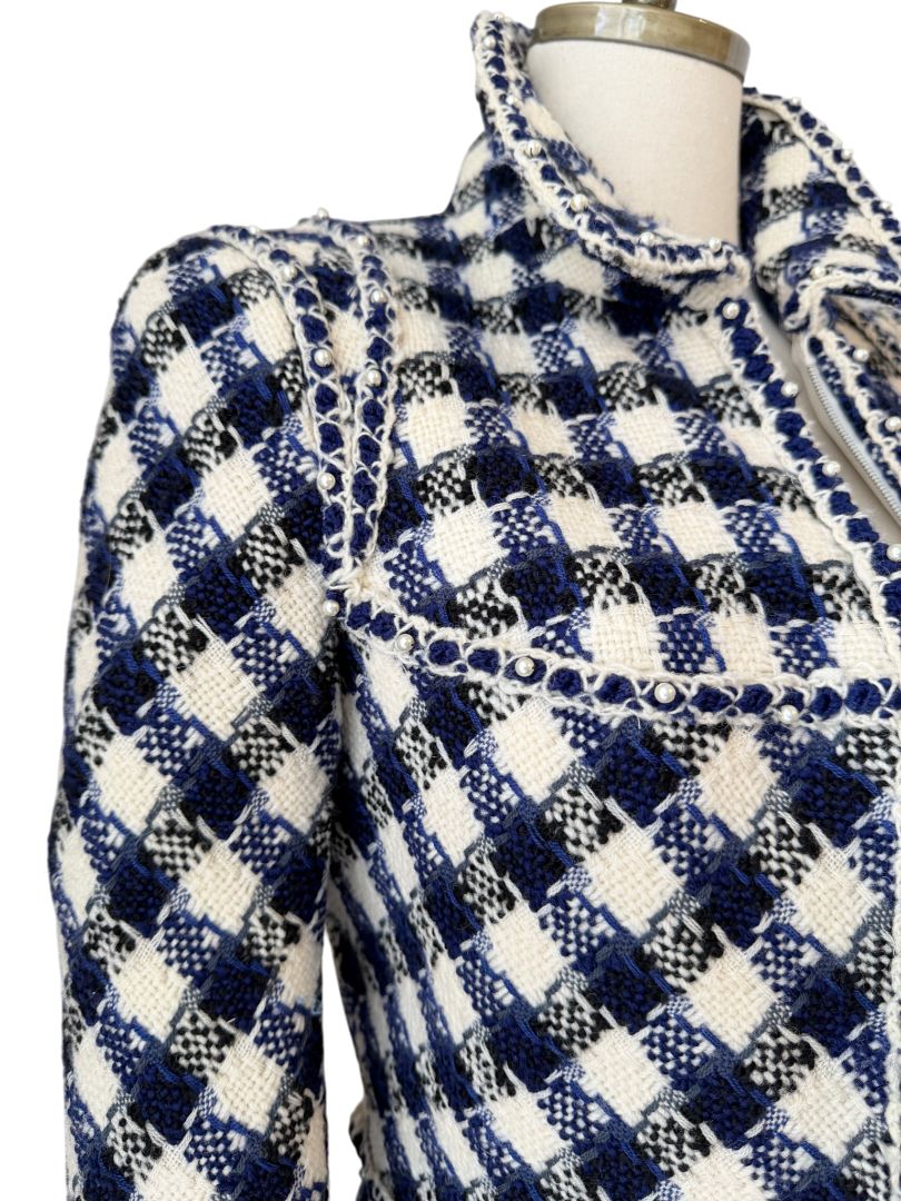 2006 Chanel Navy & White Gingham Cropped Wool Blazer with Pearl Trim