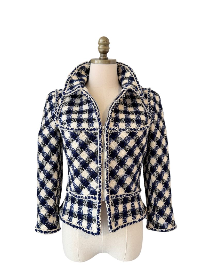 2006 Chanel Navy & White Gingham Cropped Wool Blazer with Pearl Trim
