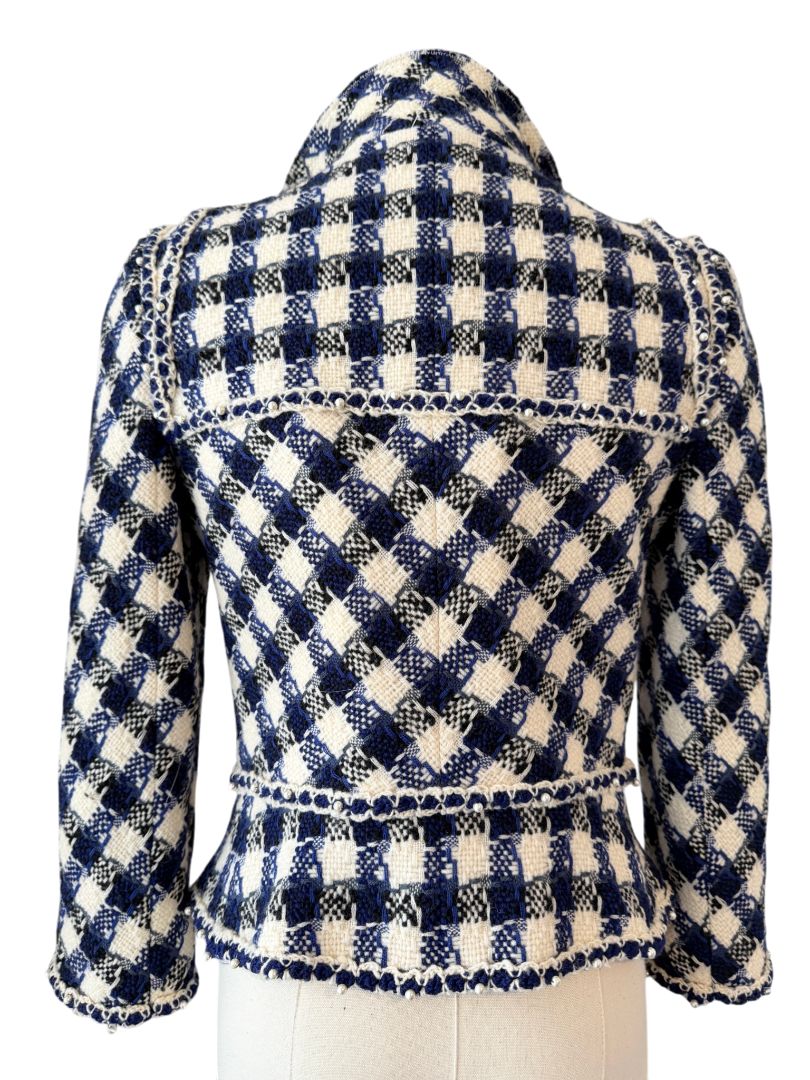 2006 Chanel Navy & White Gingham Cropped Wool Blazer with Pearl Trim