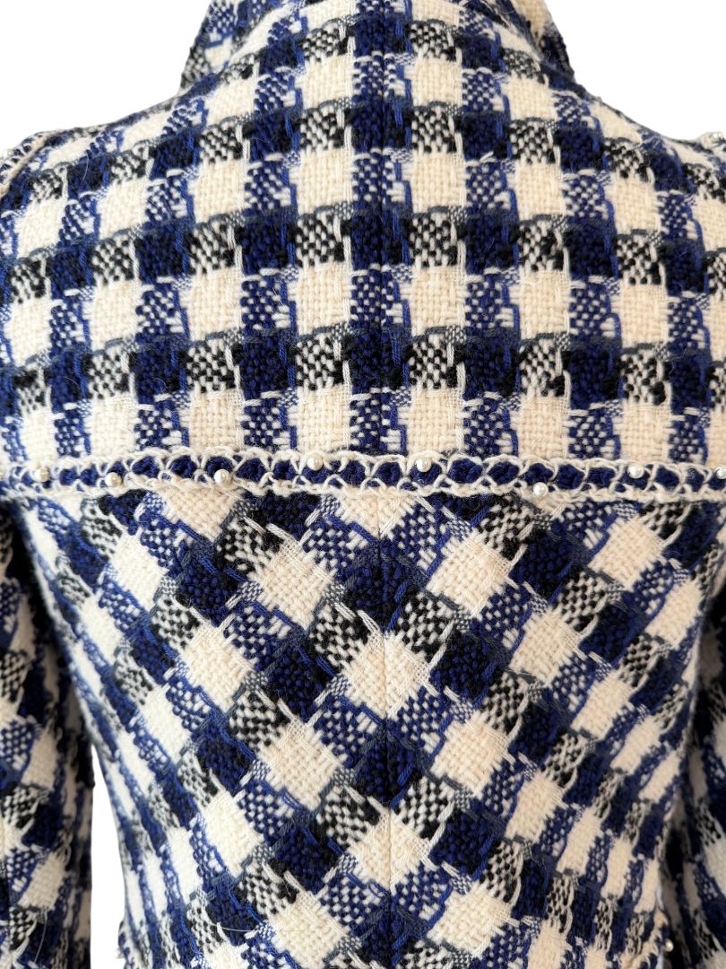 2006 Chanel Navy & White Gingham Cropped Wool Blazer with Pearl Trim