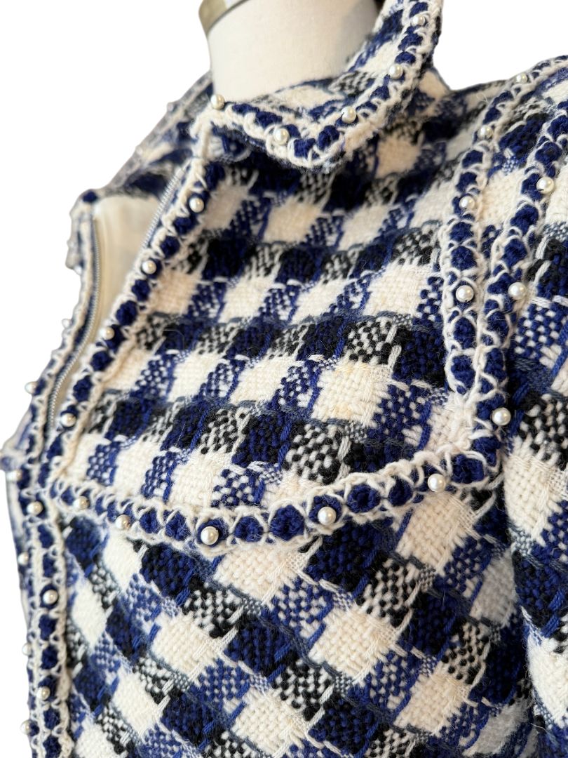 2006 Chanel Navy & White Gingham Cropped Wool Blazer with Pearl Trim