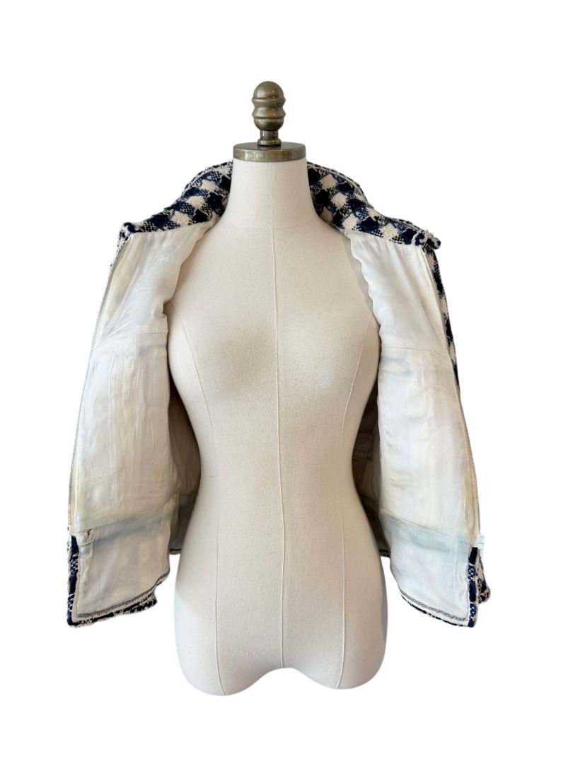 2006 Chanel Navy & White Gingham Cropped Wool Blazer with Pearl Trim