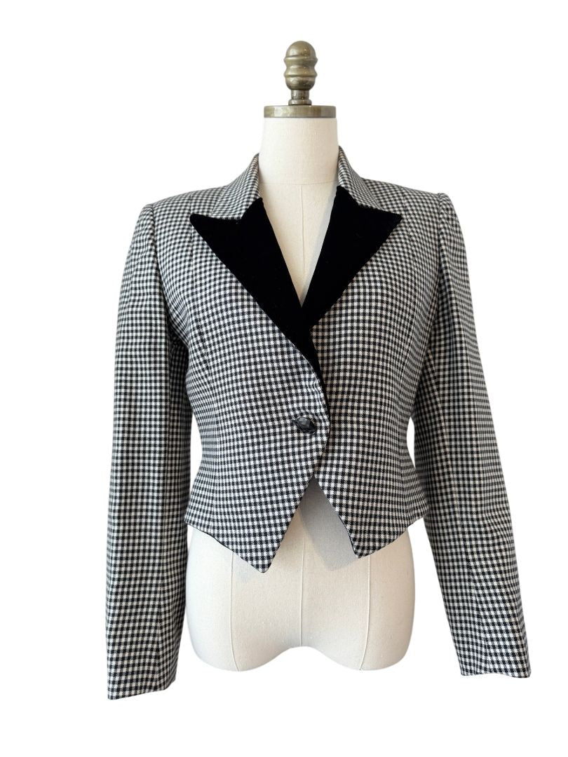 1980s Mort Schrader Black & White Plaid Cropped Blazer with Velvet Collar